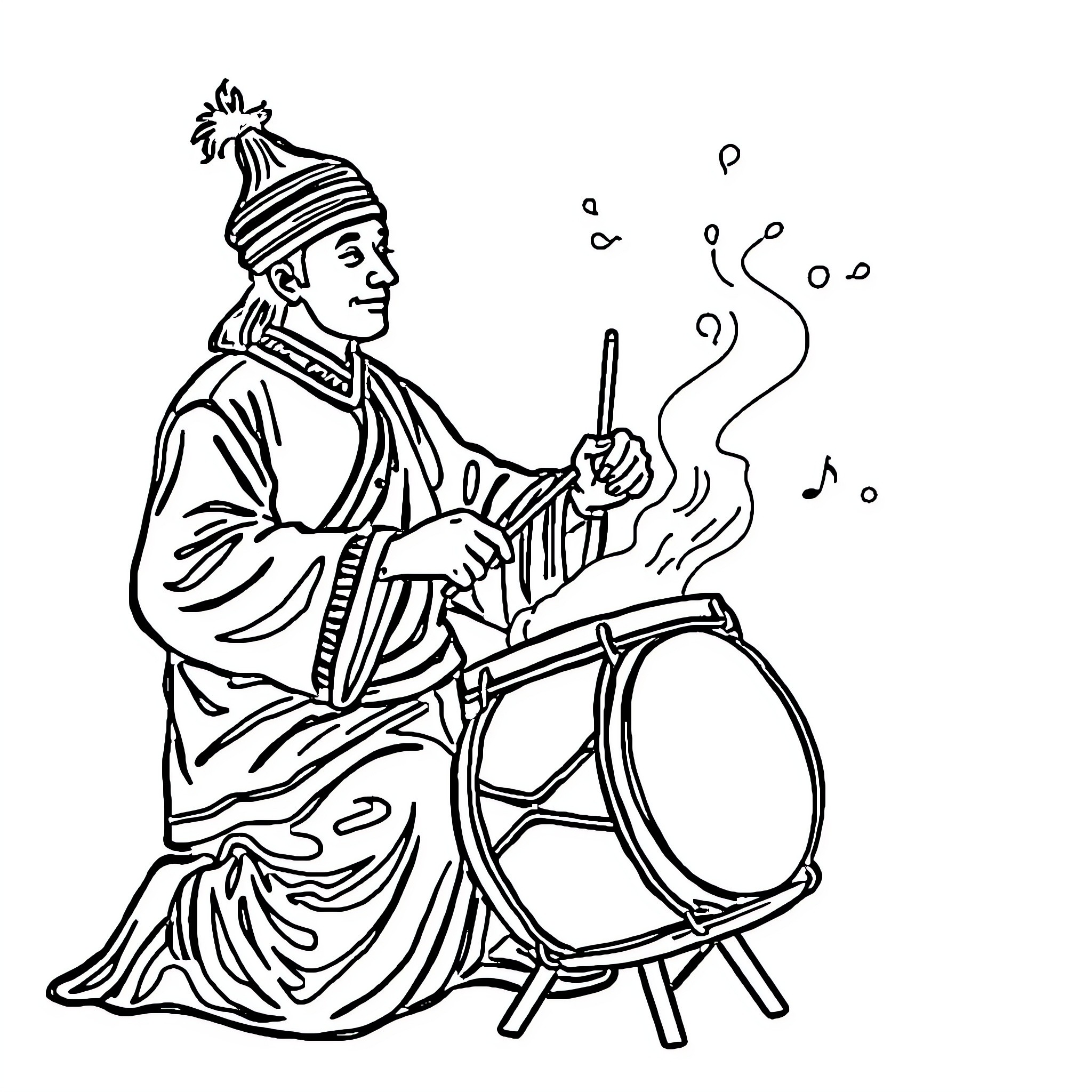 Sahur celebration with traditional drumming Coloring Page (free black-and-white line drawing printable PDF for all, from beginners to advanced learners, including children, teens, adults, and seniors)