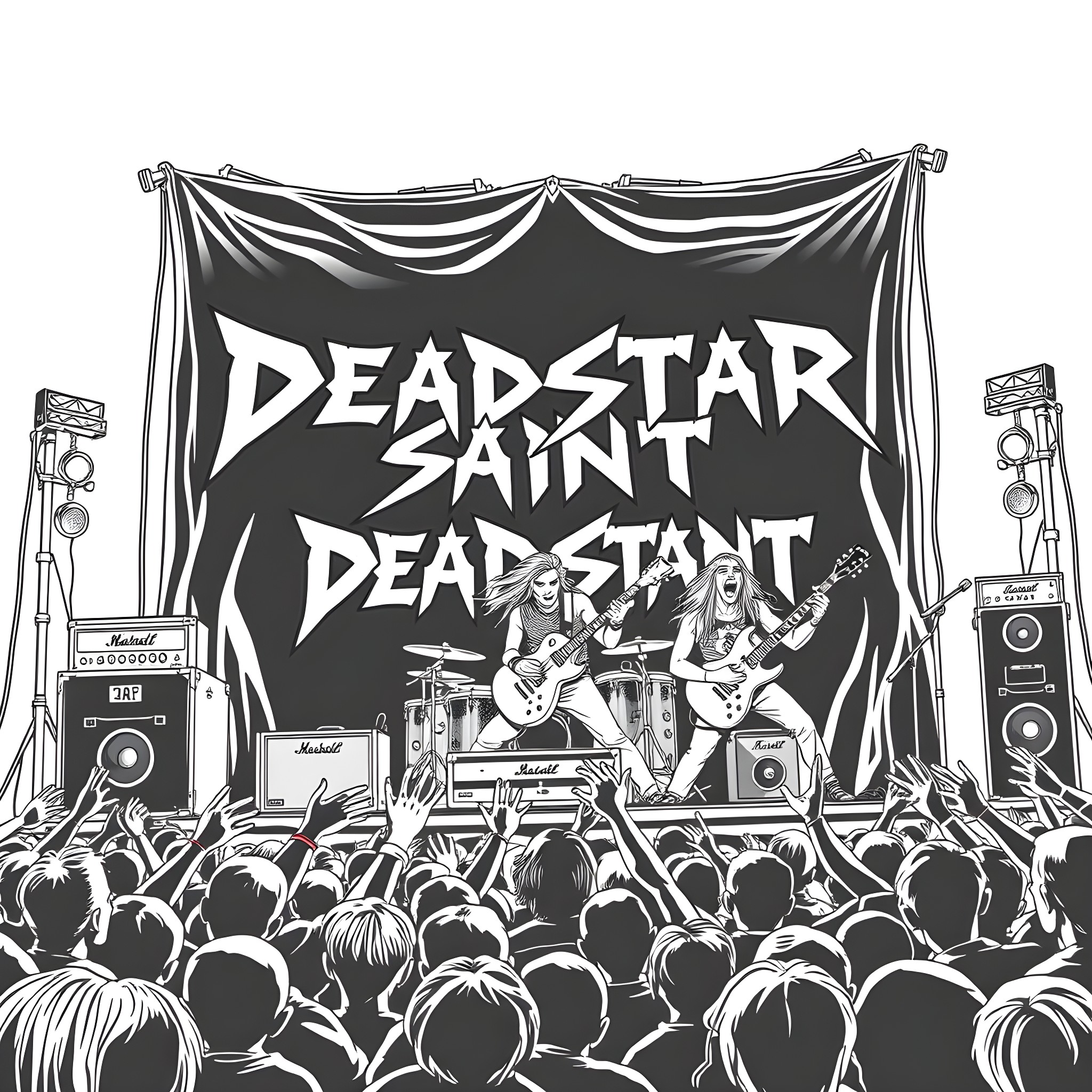 Band performing at a heavy metal concert Coloring Page (free black-and-white line drawing printable PDF for all, from beginners to advanced learners, including children, teens, adults, and seniors)