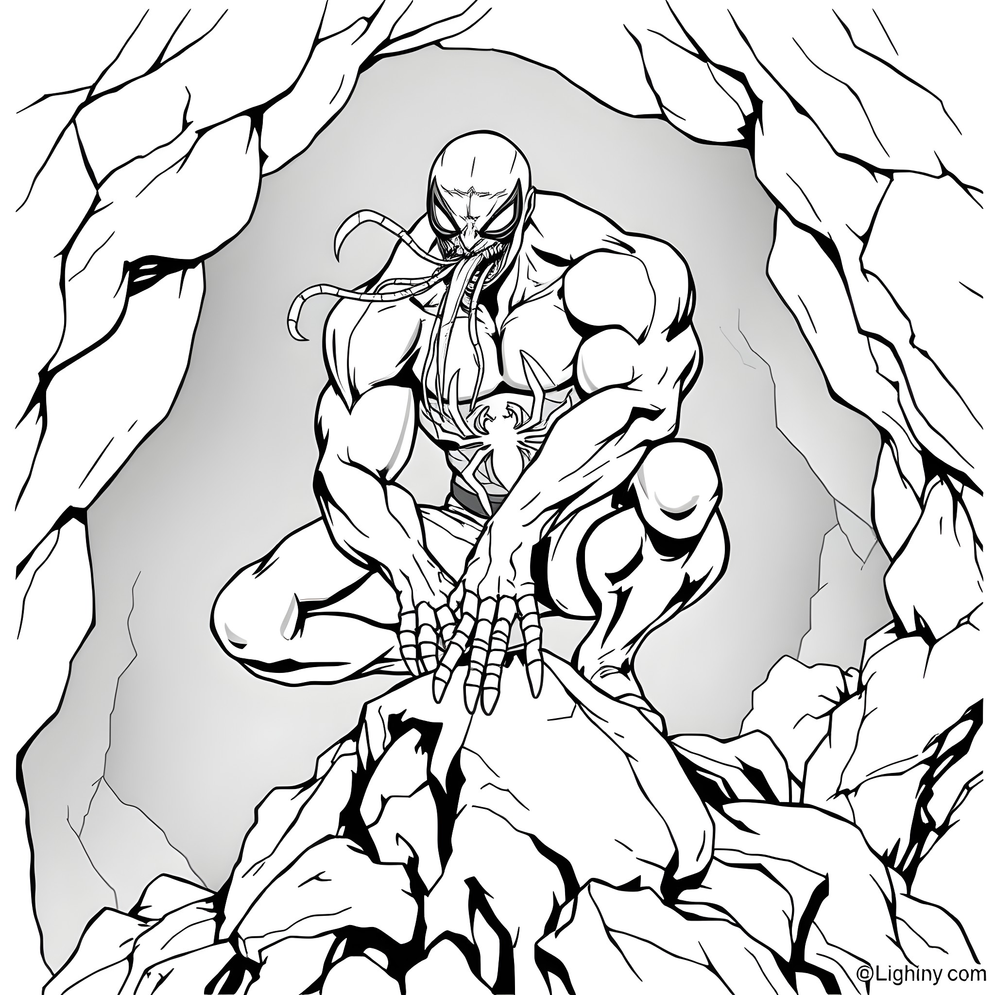 Venom emerging from the darkness with power Coloring Page (free black-and-white line drawing printable PDF for all, from beginners to advanced learners, including children, teens, adults, and seniors)