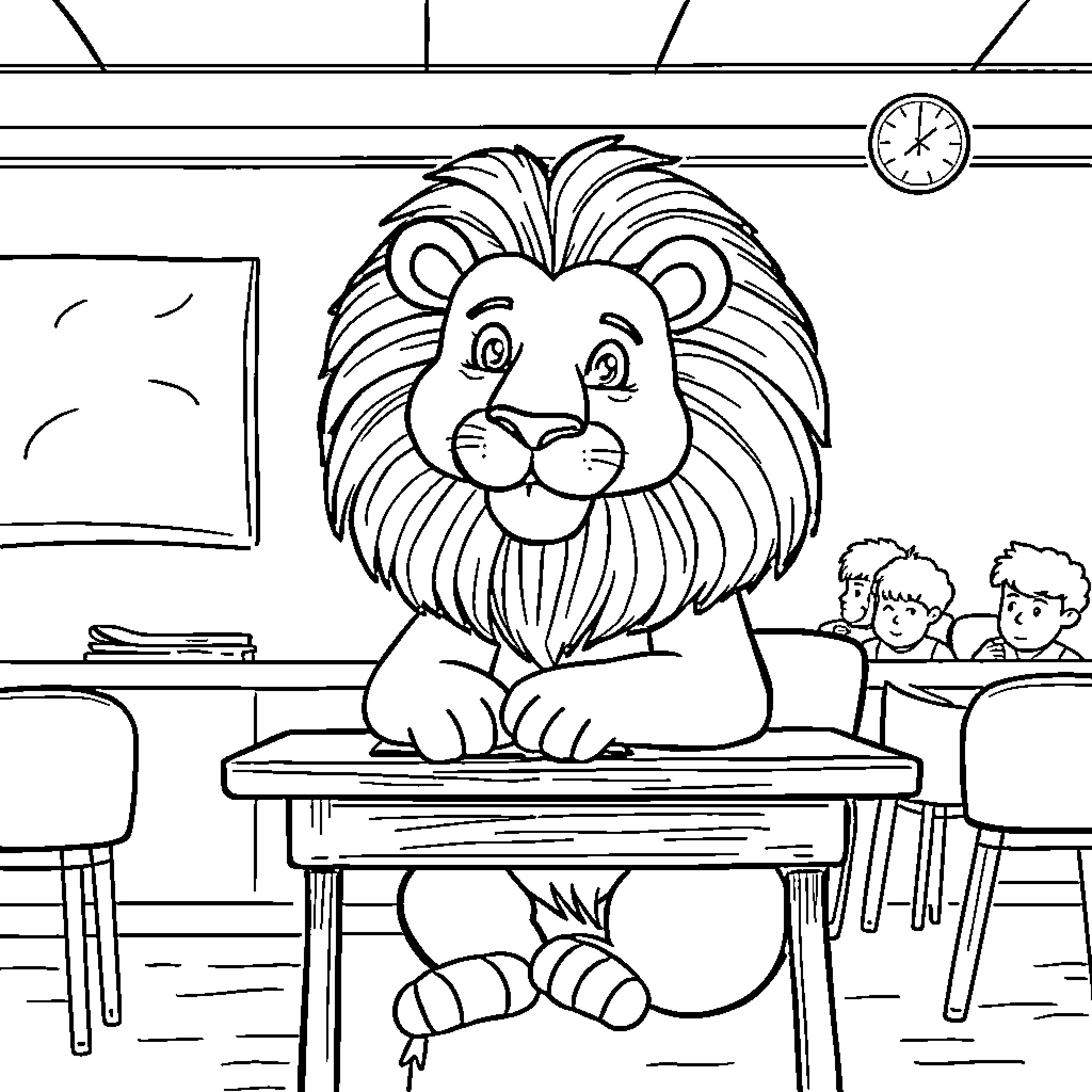 Lion observing students in the classroom Coloring Page (free black-and-white line drawing printable PDF for all, from beginners to advanced learners, including children, teens, adults, and seniors)