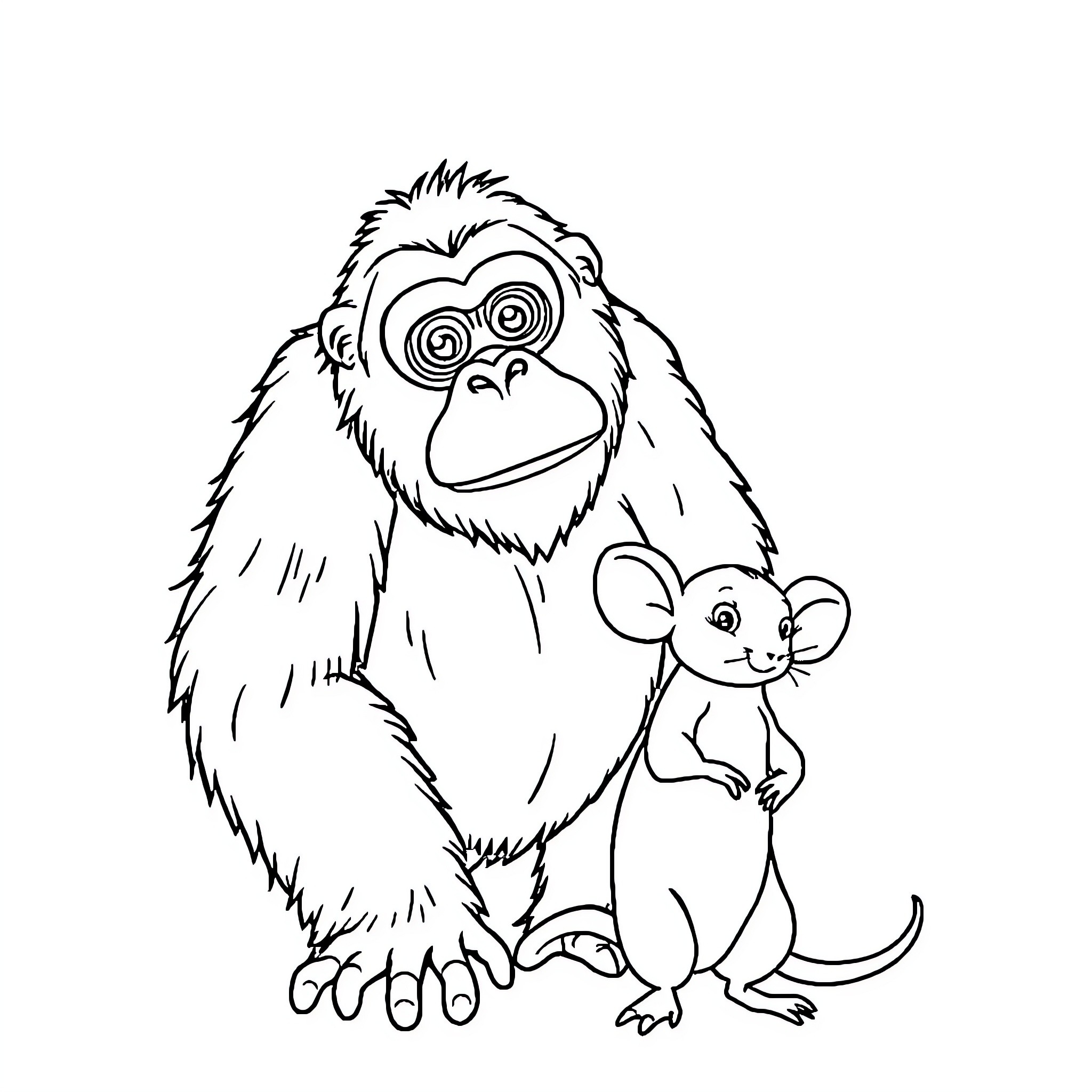 Orang sitting with curious mouse Coloring Page (free black-and-white line drawing printable PDF for all, from beginners to advanced learners, including children, teens, adults, and seniors)