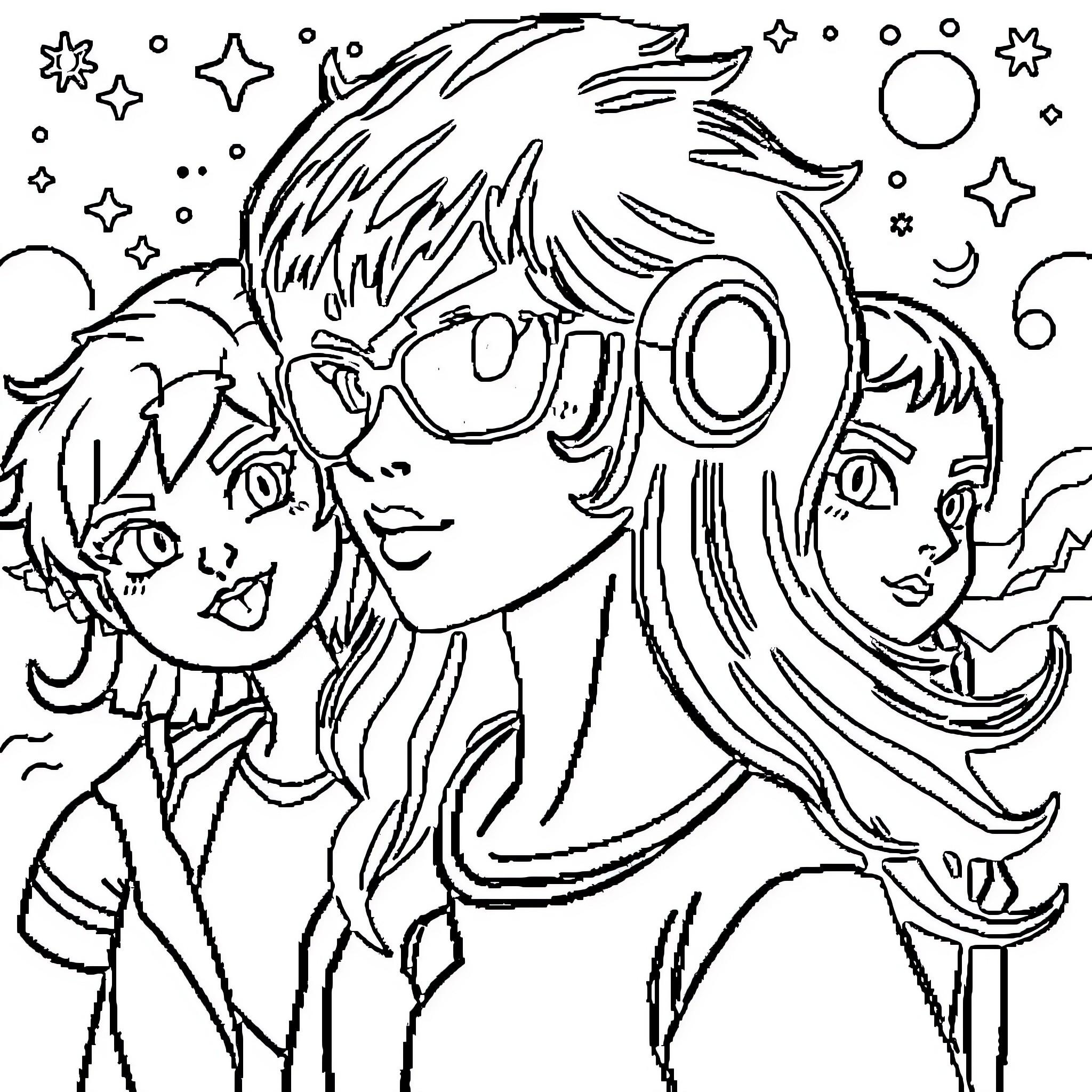 Pixel Art Cosmic Friends in Stylized Illustration Coloring Page (free black-and-white line drawing printable PDF for all, from beginners to advanced learners, including children, teens, adults, and seniors)