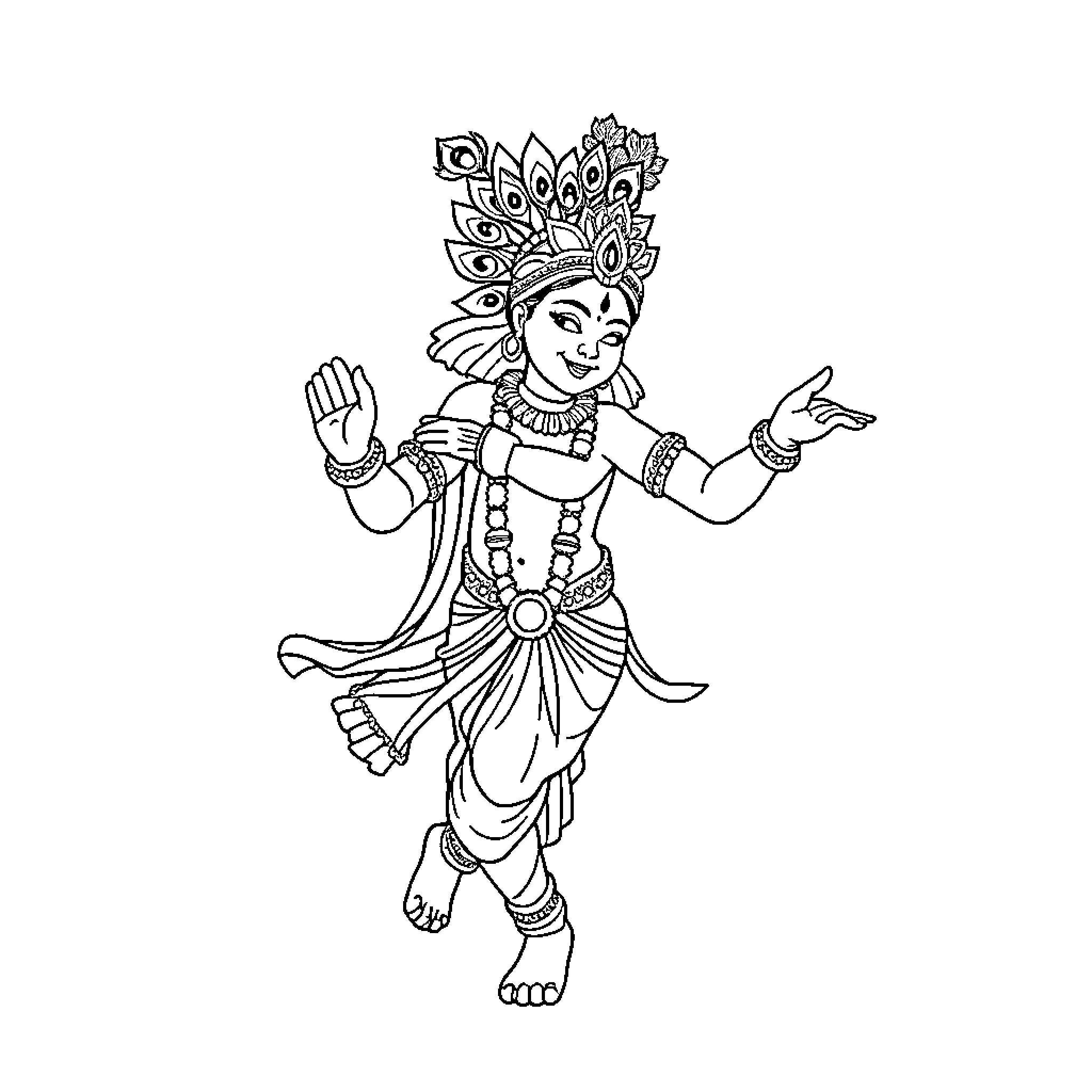 Krishna dancing with ornate headpiece and outfit Coloring Page (free black-and-white line drawing printable PDF for all, from beginners to advanced learners, including children, teens, adults, and seniors)