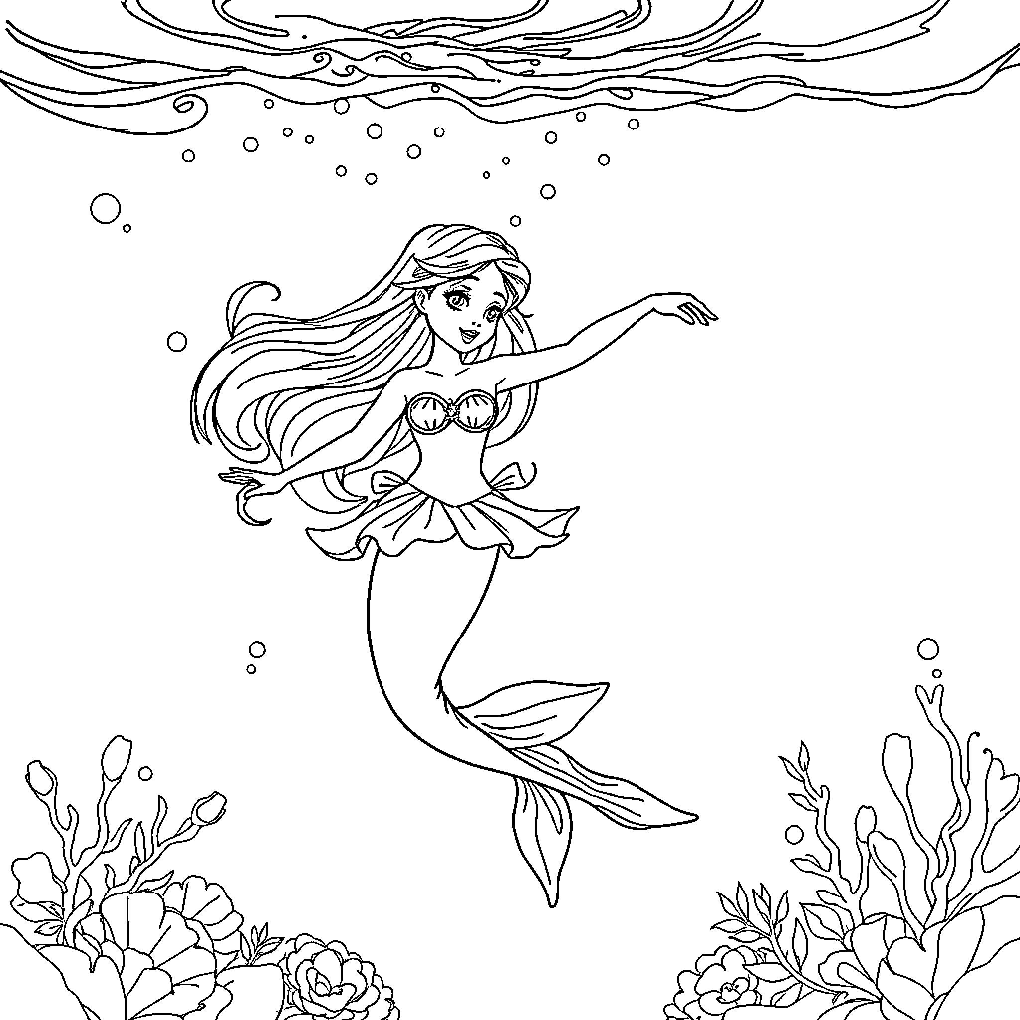 Mermaid swimming gracefully underwater Coloring Page (free black-and-white line drawing printable PDF for all, from beginners to advanced learners, including children, teens, adults, and seniors)