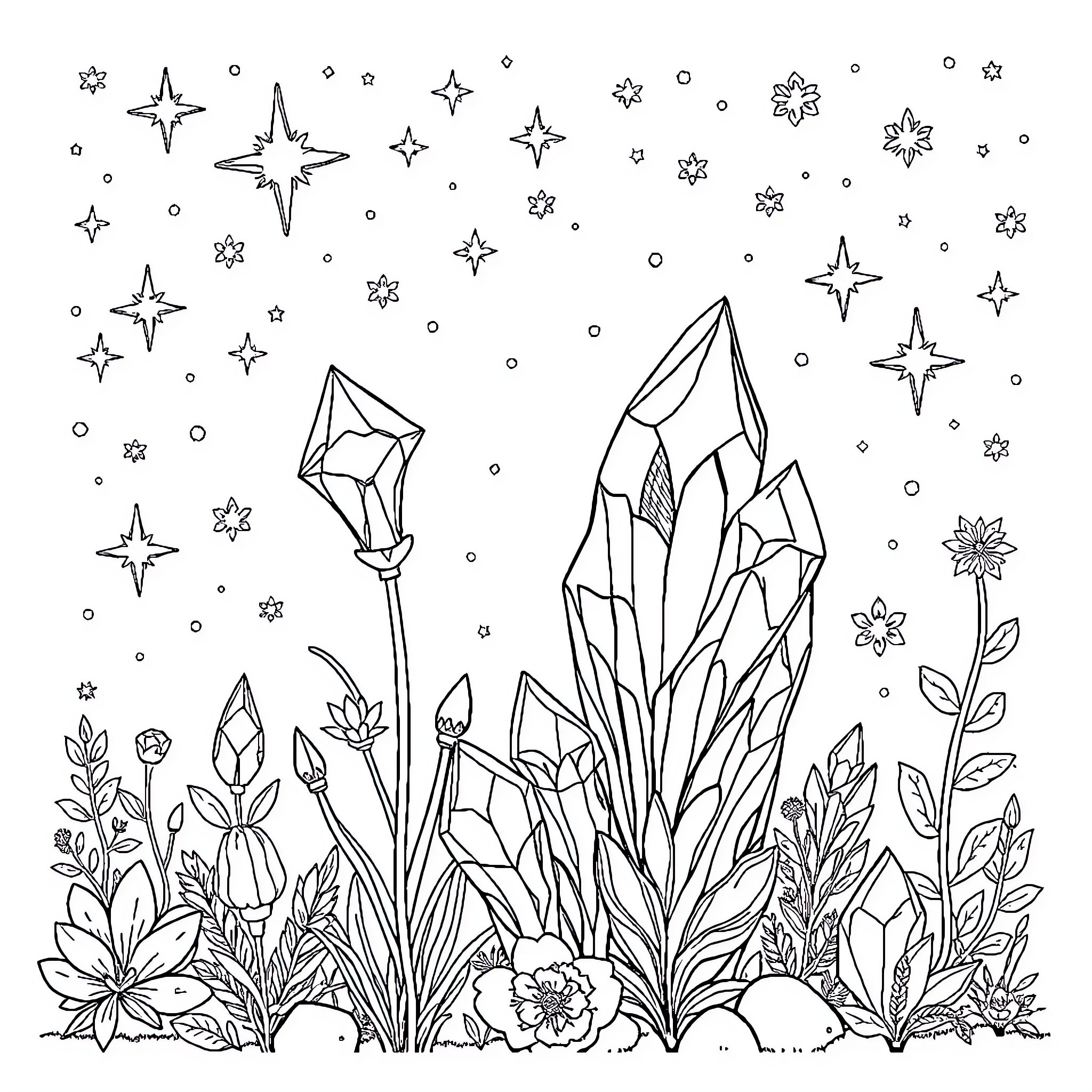 Crystal Garden of Celestial Wonders Coloring Page (free black-and-white line drawing printable PDF for all, from beginners to advanced learners, including children, teens, adults, and seniors)
