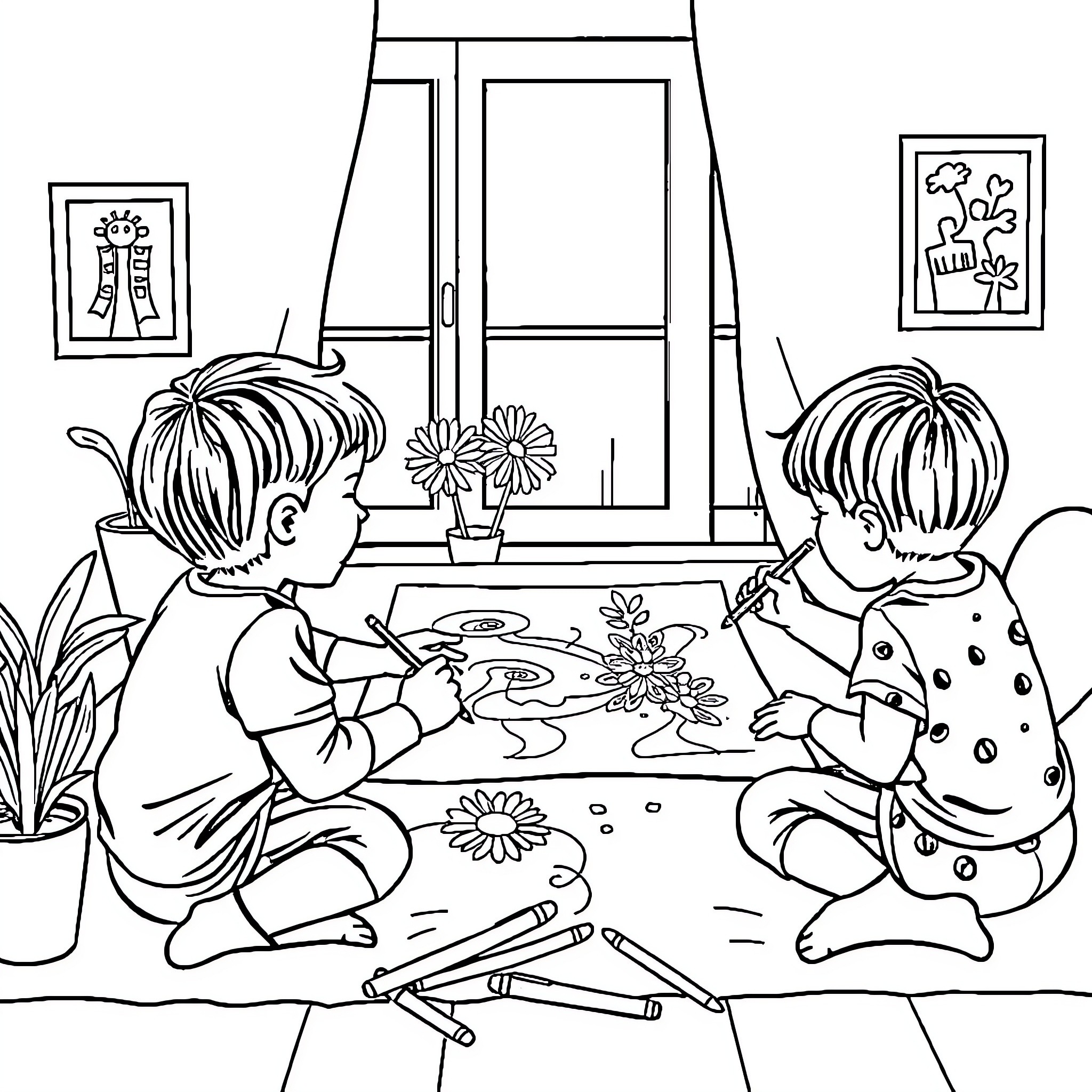 Kid playing with coloring supplies together Coloring Page (free black-and-white line drawing printable PDF for all, from beginners to advanced learners, including children, teens, adults, and seniors)