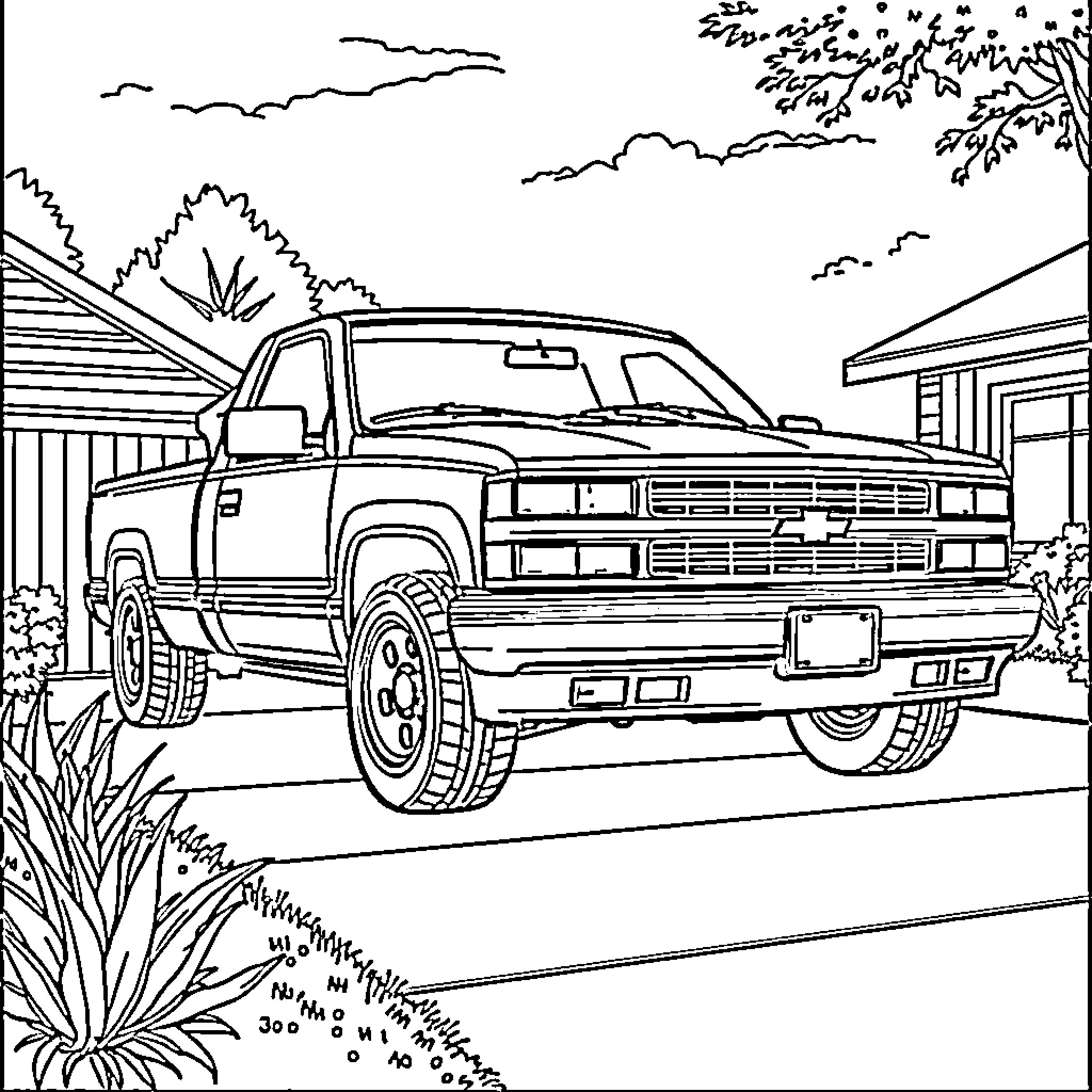 Chevy Silverado Truck in Scenic Backyard Coloring Page (free black-and-white line drawing printable PDF for all, from beginners to advanced learners, including children, teens, adults, and seniors)