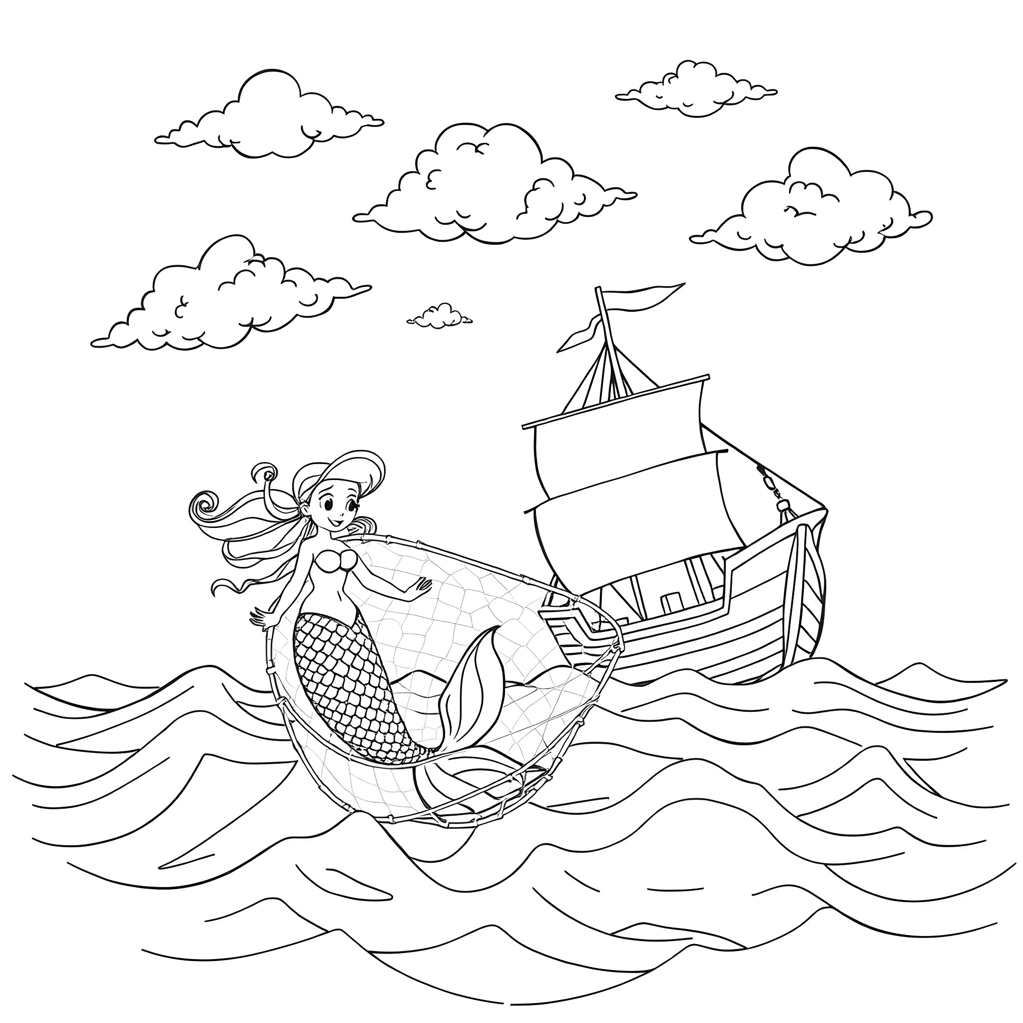 Mermaid sailing on the high seas with a ship Coloring Page (free black-and-white line drawing printable PDF for all, from beginners to advanced learners, including children, teens, adults, and seniors)