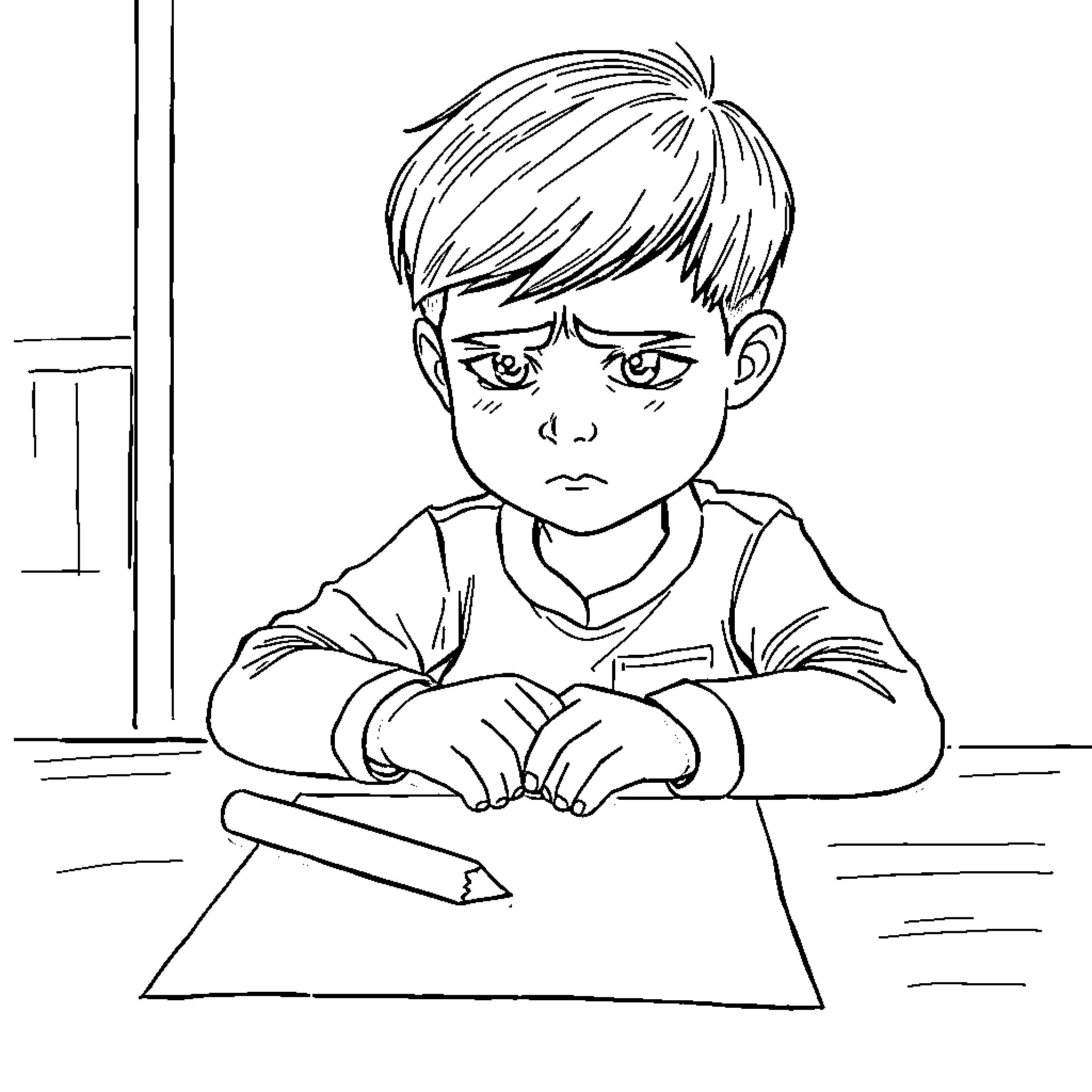 Boy diligently working on his homework Coloring Page (free black-and-white line drawing printable PDF for all, from beginners to advanced learners, including children, teens, adults, and seniors)