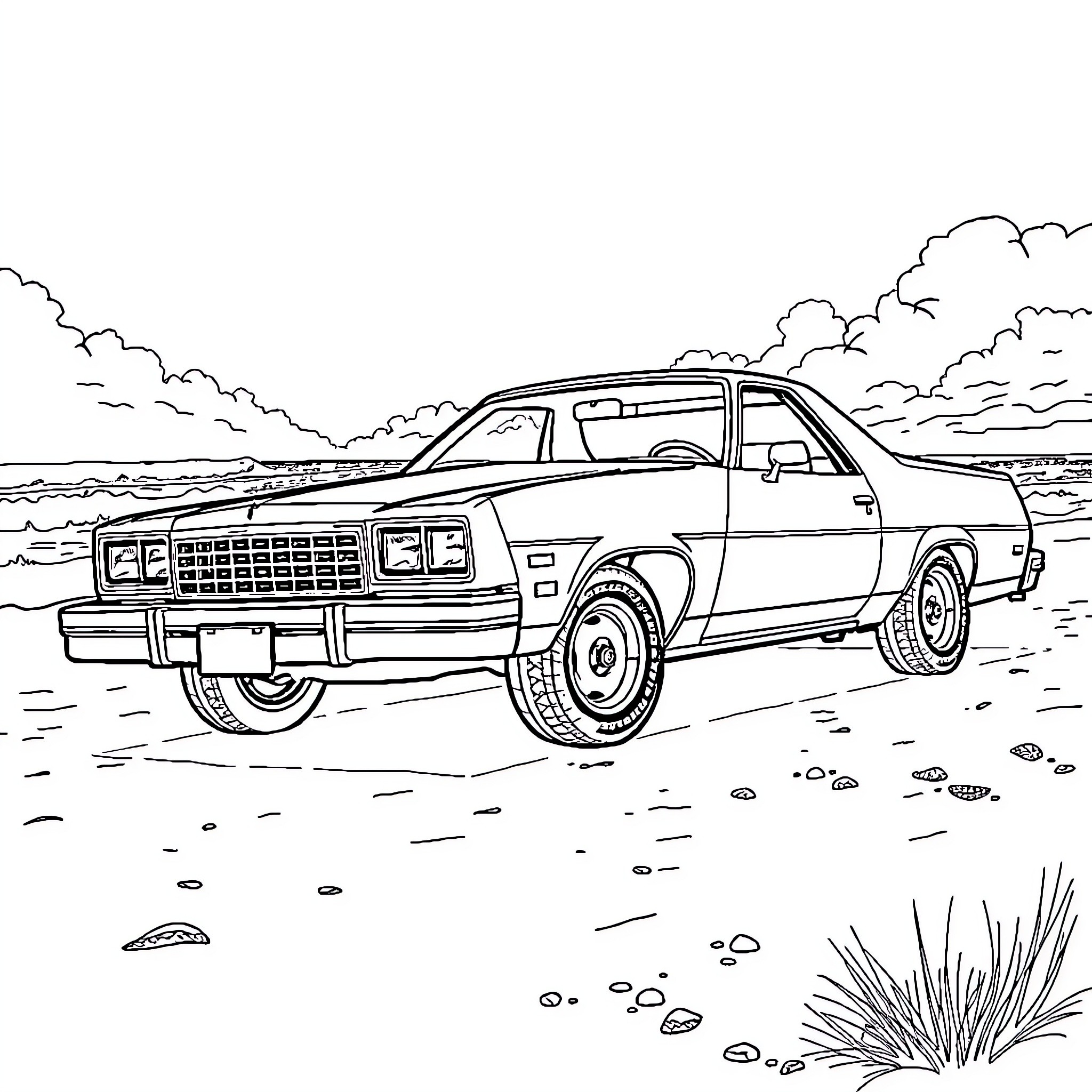 Chevy classic car driving along beach landscape Coloring Page (free black-and-white line drawing printable PDF for all, from beginners to advanced learners, including children, teens, adults, and seniors)