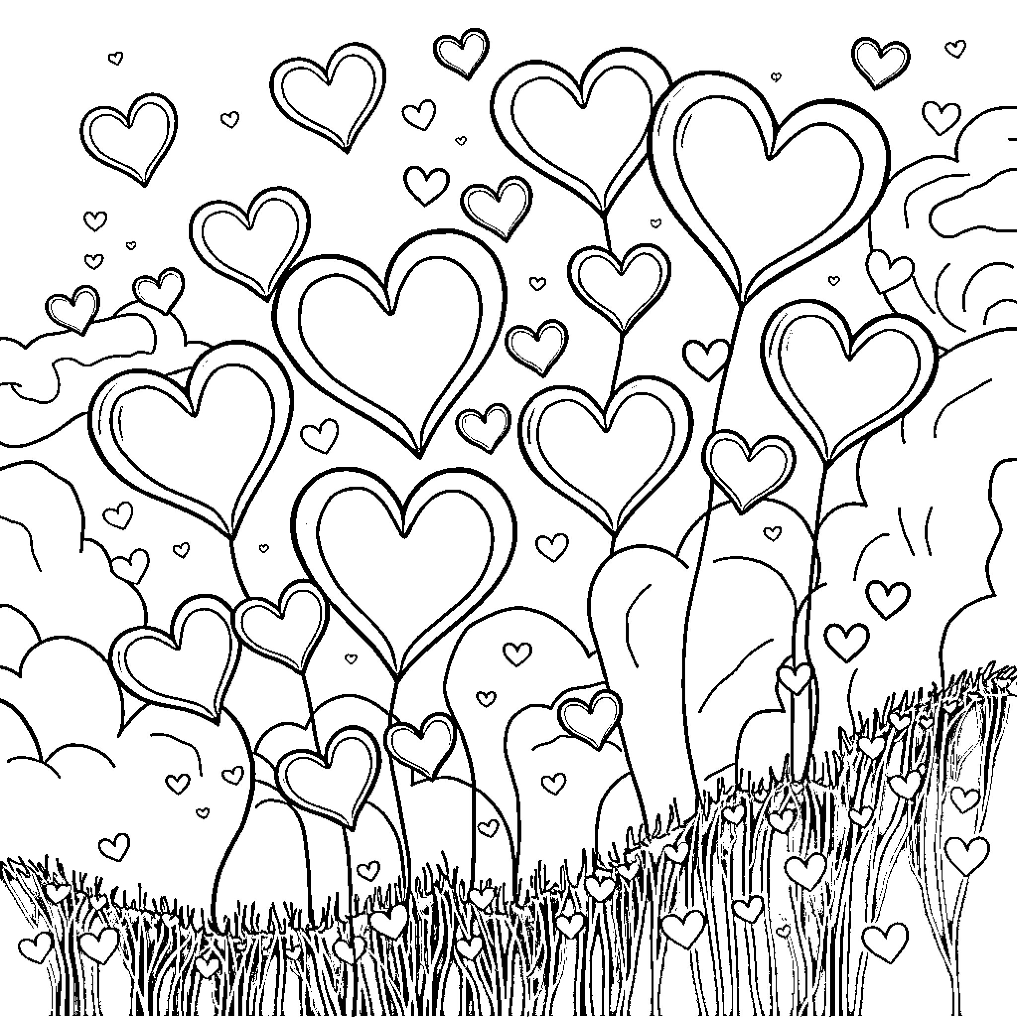 Heart-shaped flowers blossoming in the field Coloring Page (free black-and-white line drawing printable PDF for all, from beginners to advanced learners, including children, teens, adults, and seniors)