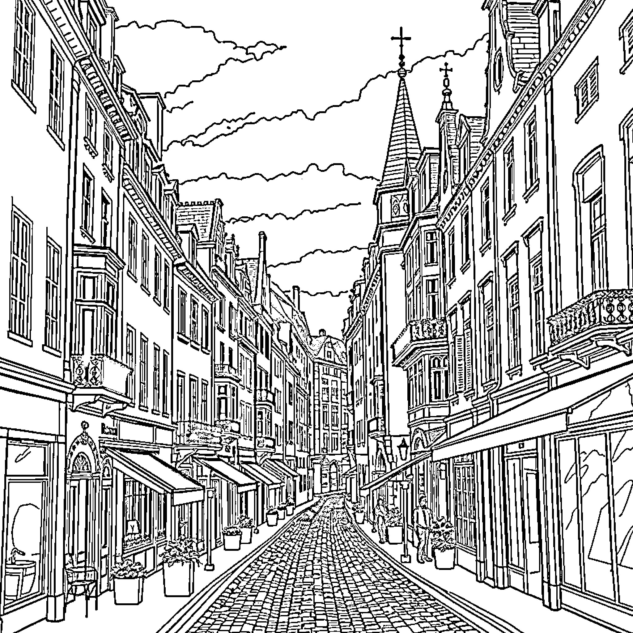 Rouen's Historic Street with Cobblestone Path and Architectural Details Coloring Page (free black-and-white line drawing printable PDF for all, from beginners to advanced learners, including children, teens, adults, and seniors)