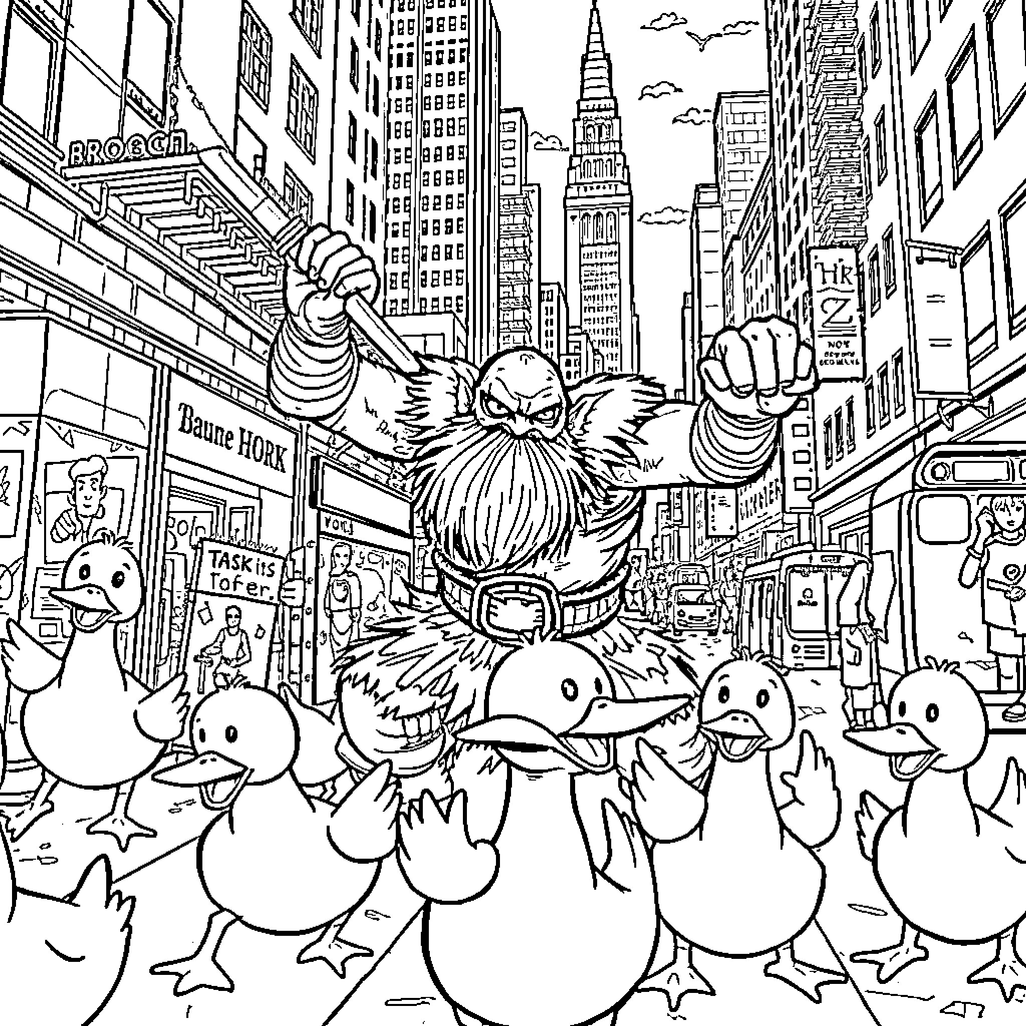 Ogre rampages through bustling city with small creatures Coloring Page (free black-and-white line drawing printable PDF for all, from beginners to advanced learners, including children, teens, adults, and seniors)