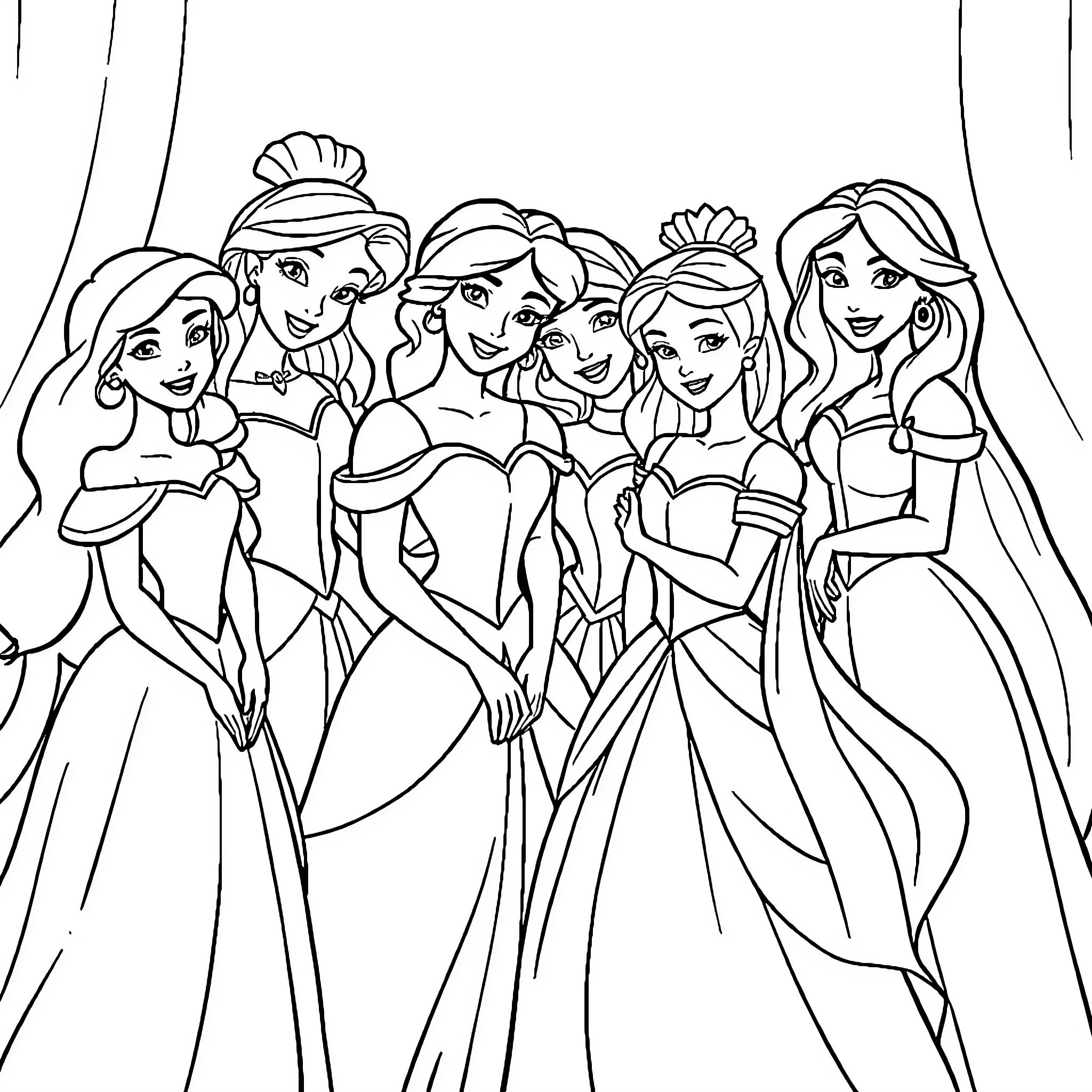 Princess Portraits: A Gathering of Disney Heroines Coloring Page (free black-and-white line drawing printable PDF for all, from beginners to advanced learners, including children, teens, adults, and seniors)