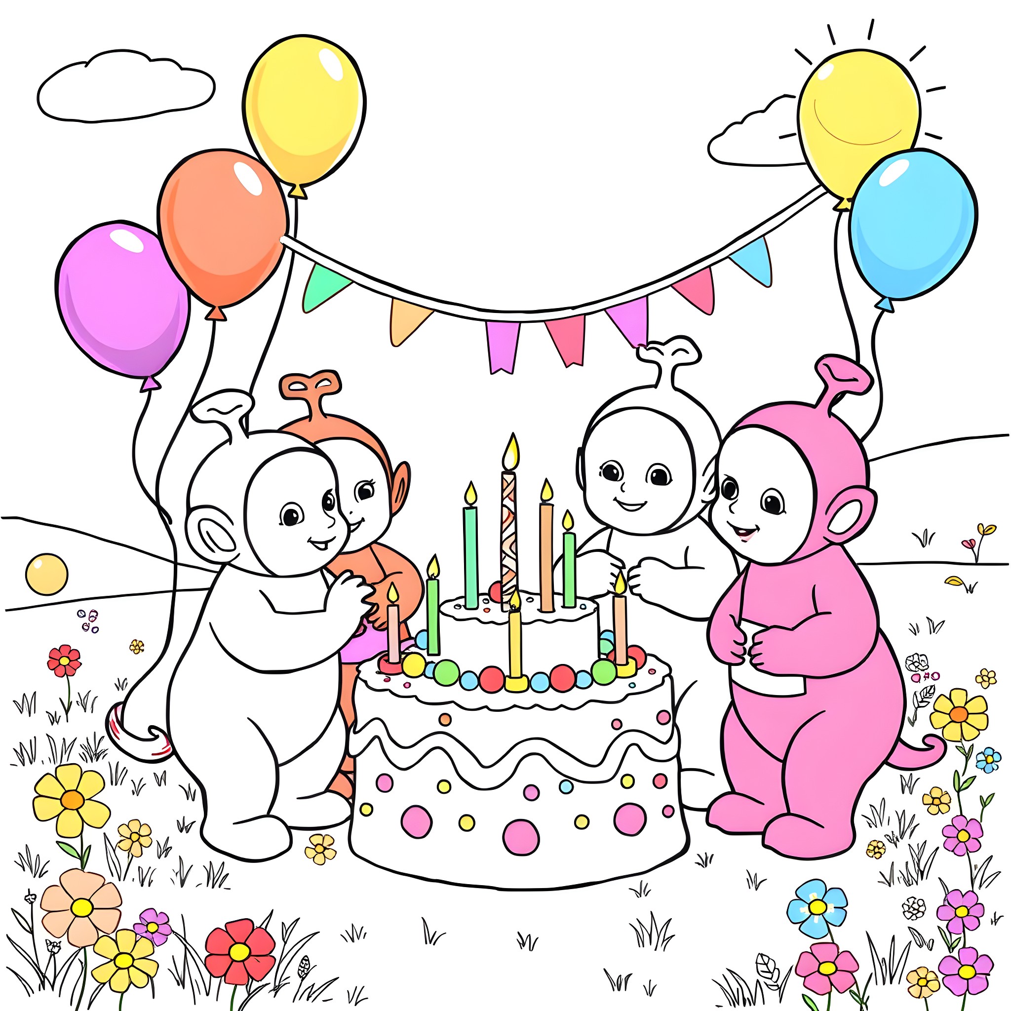 Teletubby friends celebrating birthday with cake and balloons Coloring Page (free black-and-white line drawing printable PDF for all, from beginners to advanced learners, including children, teens, adults, and seniors)