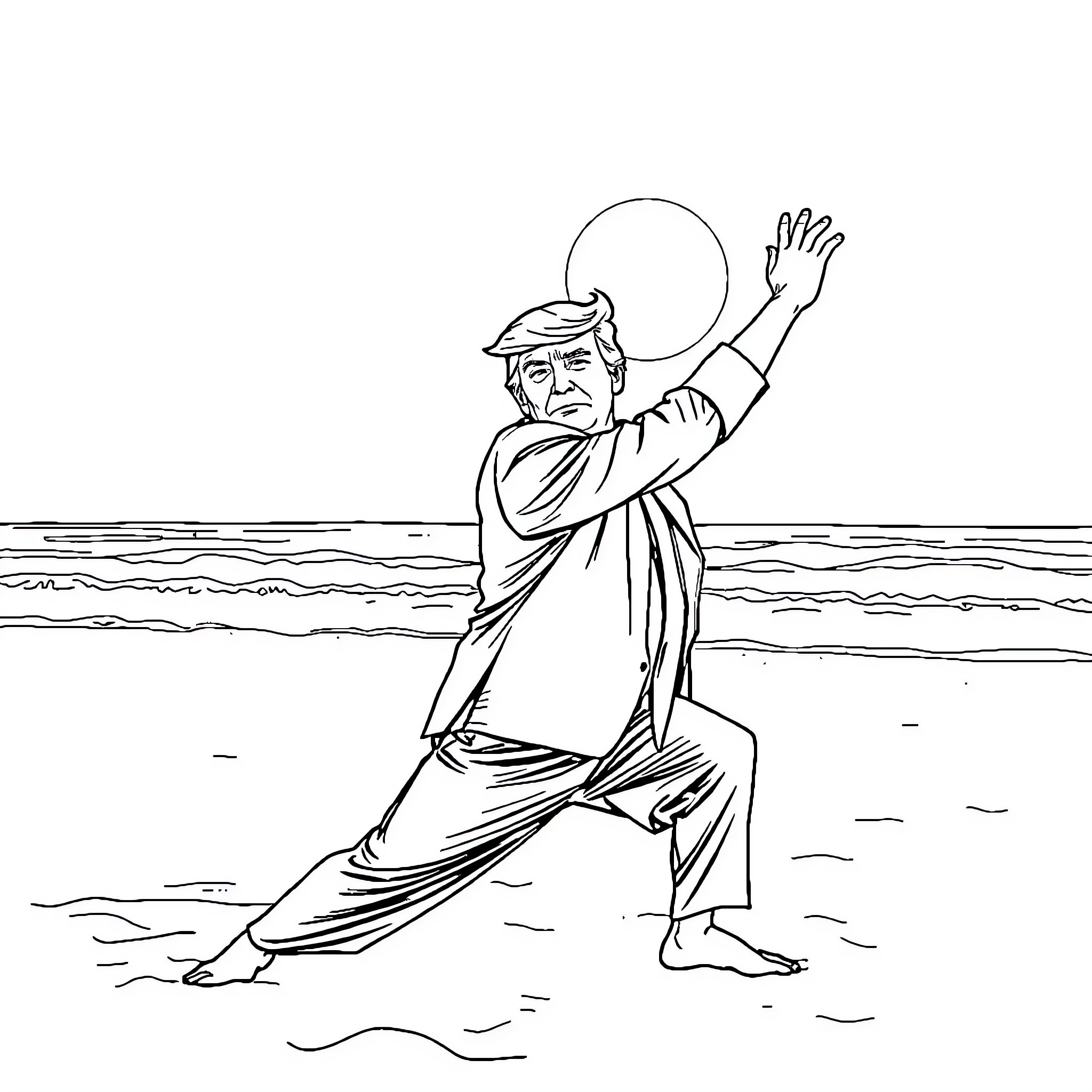 Donald Trump waving to the camera while standing in the water Coloring Page (free black-and-white line drawing printable PDF for all, from beginners to advanced learners, including children, teens, adults, and seniors)