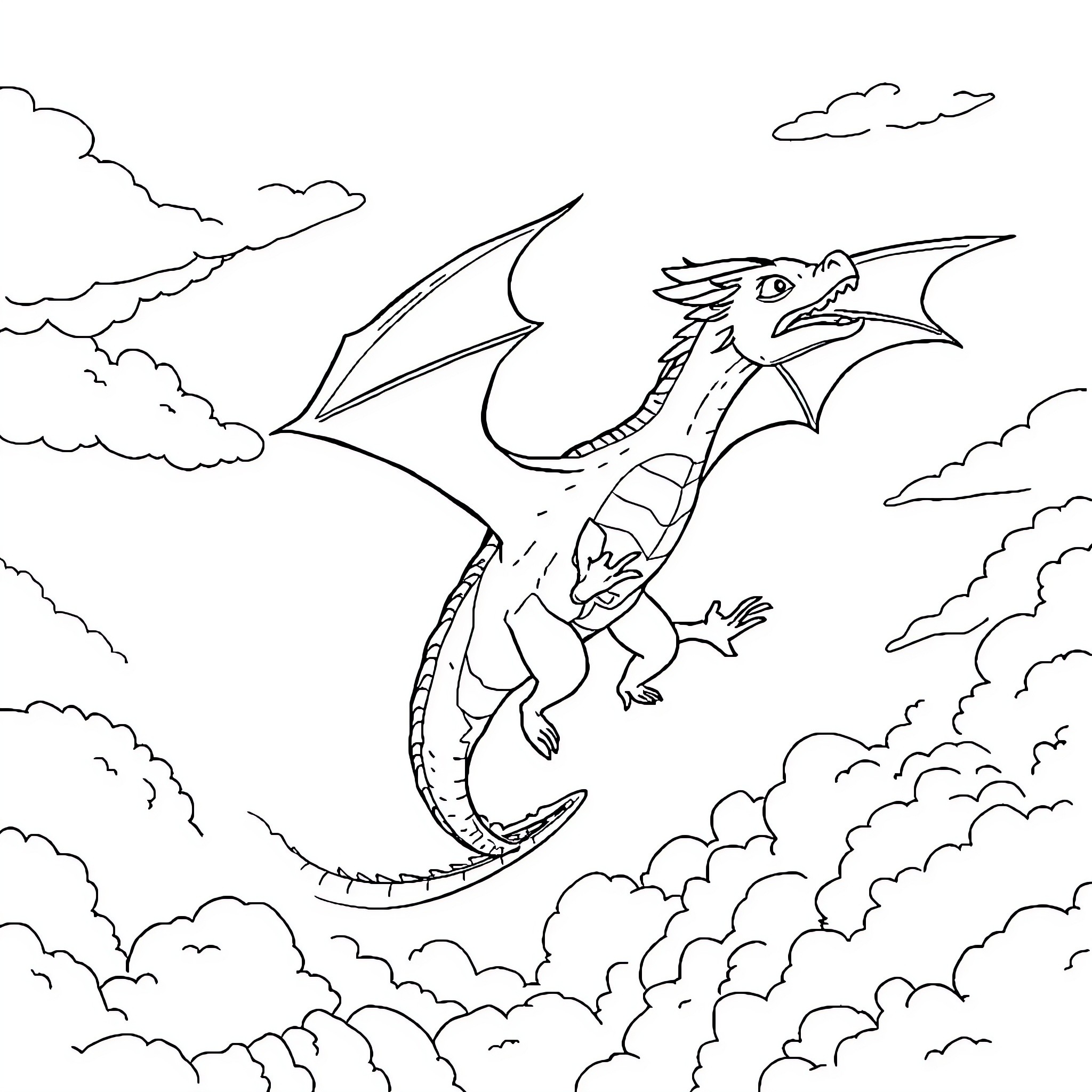 Dragon soaring through the cloudy skies Coloring Page (free black-and-white line drawing printable PDF for all, from beginners to advanced learners, including children, teens, adults, and seniors)