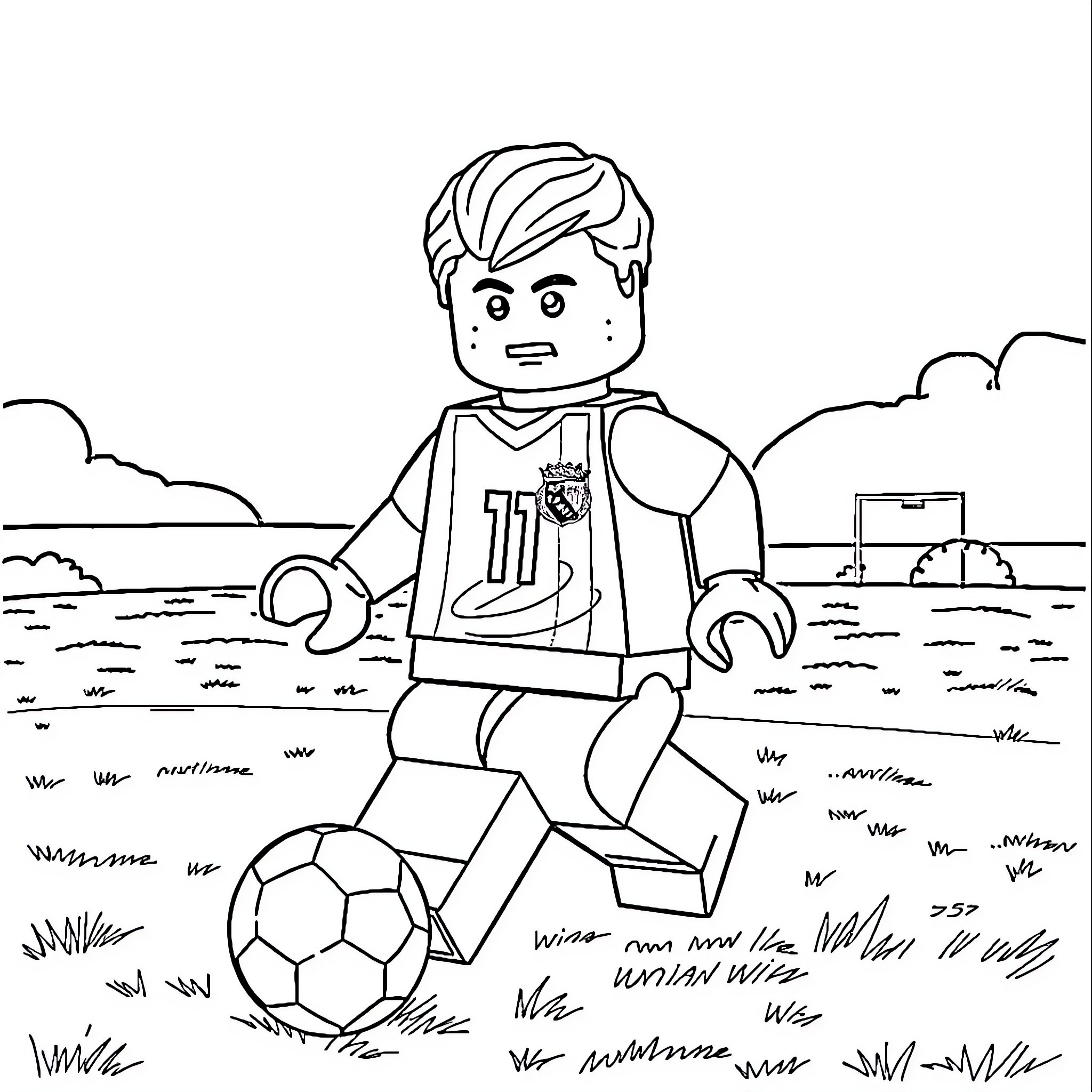 Lego Man playing soccer in the park Coloring Page (free black-and-white line drawing printable PDF for all, from beginners to advanced learners, including children, teens, adults, and seniors)