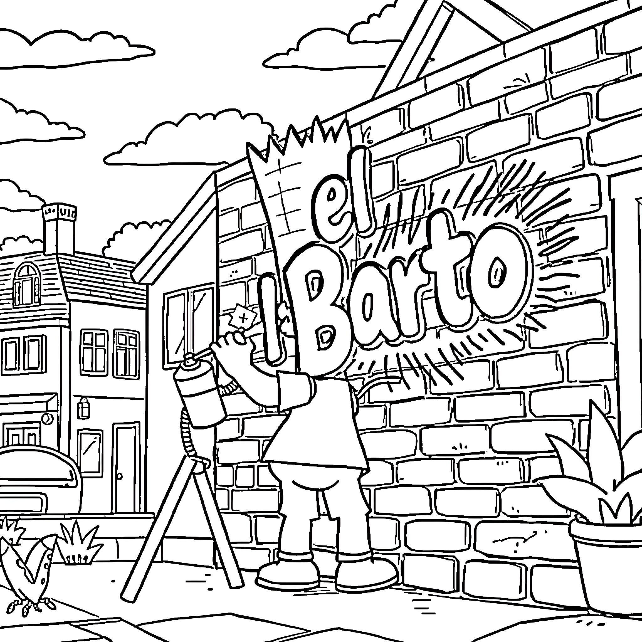 Bart Simpson vandalizing a building Coloring Page (free black-and-white line drawing printable PDF for all, from beginners to advanced learners, including children, teens, adults, and seniors)