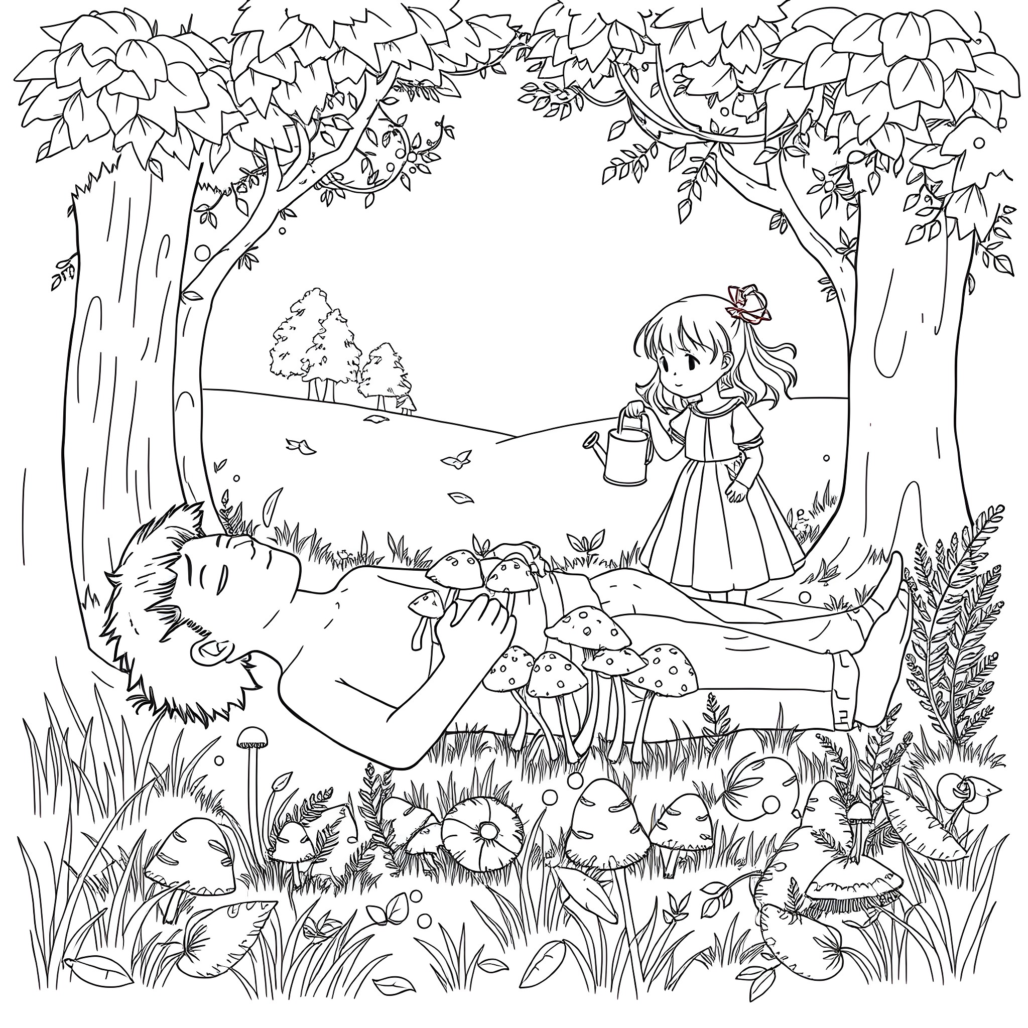 Young Girl Exploring Enchanting Forest with Animals Coloring Page (free black-and-white line drawing printable PDF for all, from beginners to advanced learners, including children, teens, adults, and seniors)