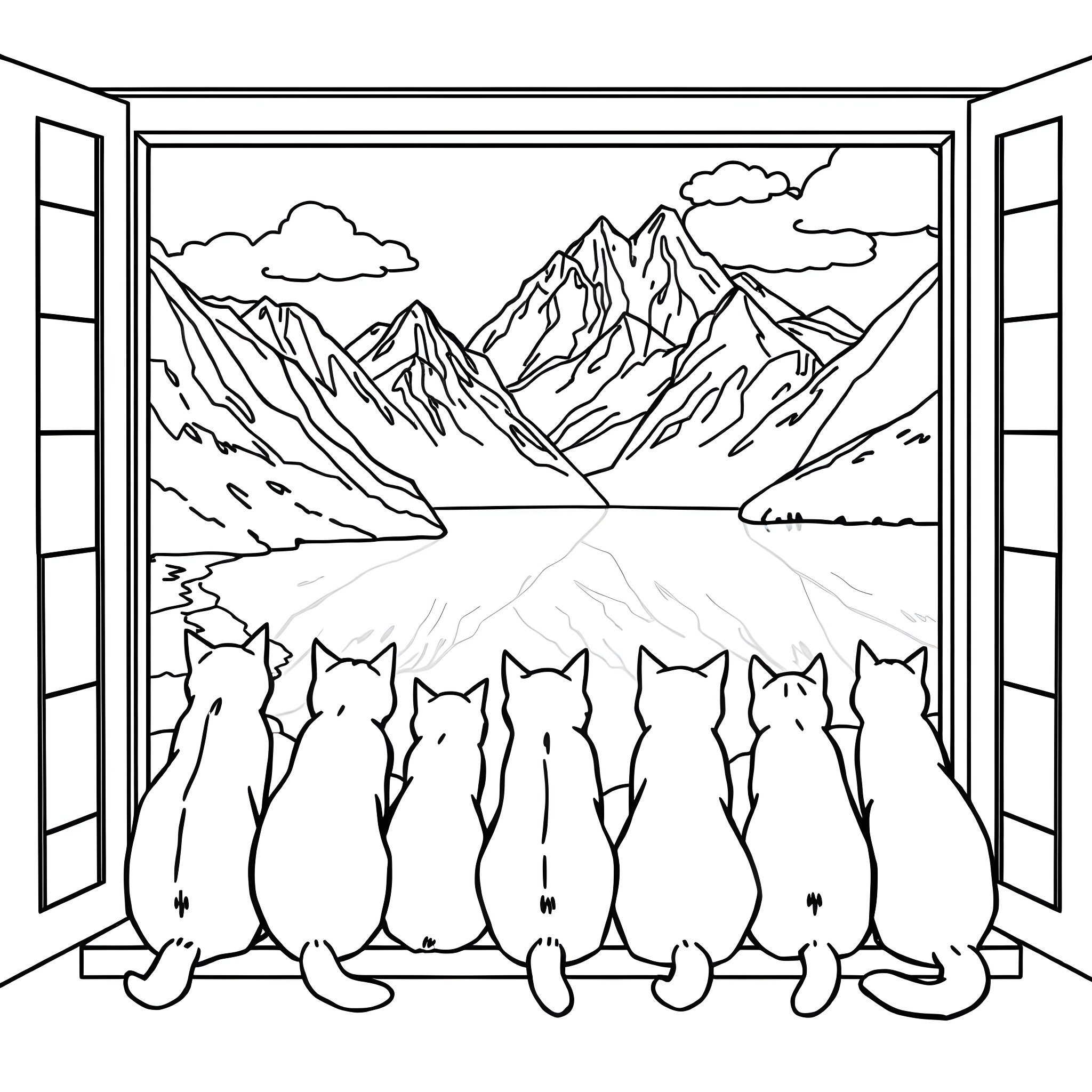 Cats gazing at scenic mountain landscape through window Coloring Page (free black-and-white line drawing printable PDF for all, from beginners to advanced learners, including children, teens, adults, and seniors)