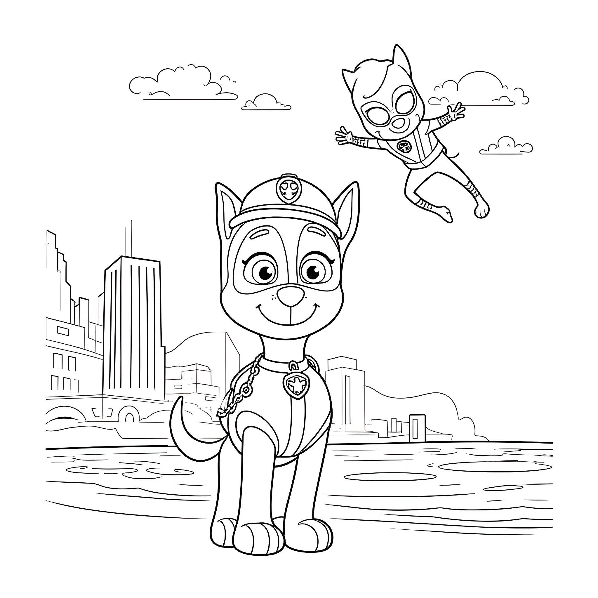 Chase for adventure in the city Coloring Page (free black-and-white line drawing printable PDF for all, from beginners to advanced learners, including children, teens, adults, and seniors)