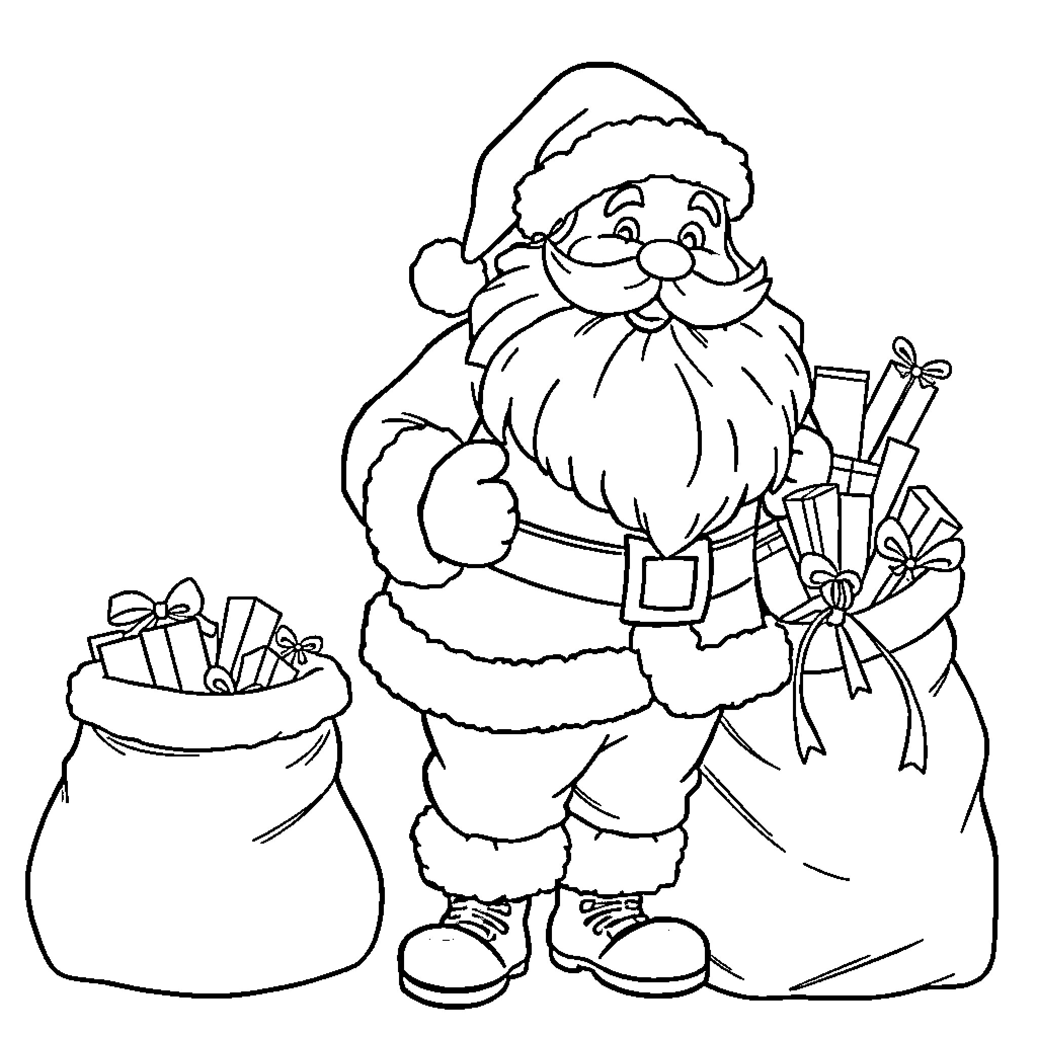 Santa Claus Holding Gift Bag with Presents Coloring Page (free black-and-white line drawing printable PDF for all, from beginners to advanced learners, including children, teens, adults, and seniors)