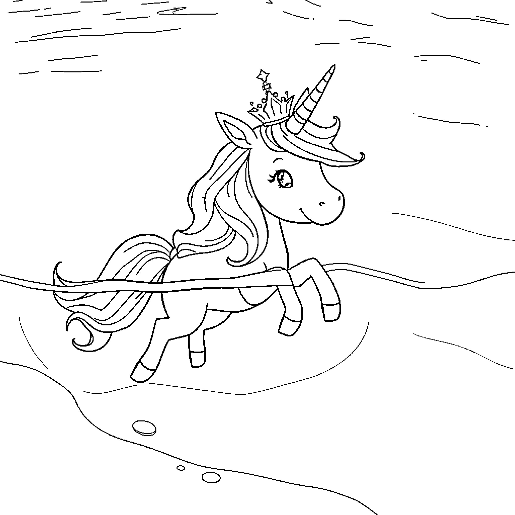 Unicorn Riding Through the Magical Landscape Coloring Page (free black-and-white line drawing printable PDF for all, from beginners to advanced learners, including children, teens, adults, and seniors)