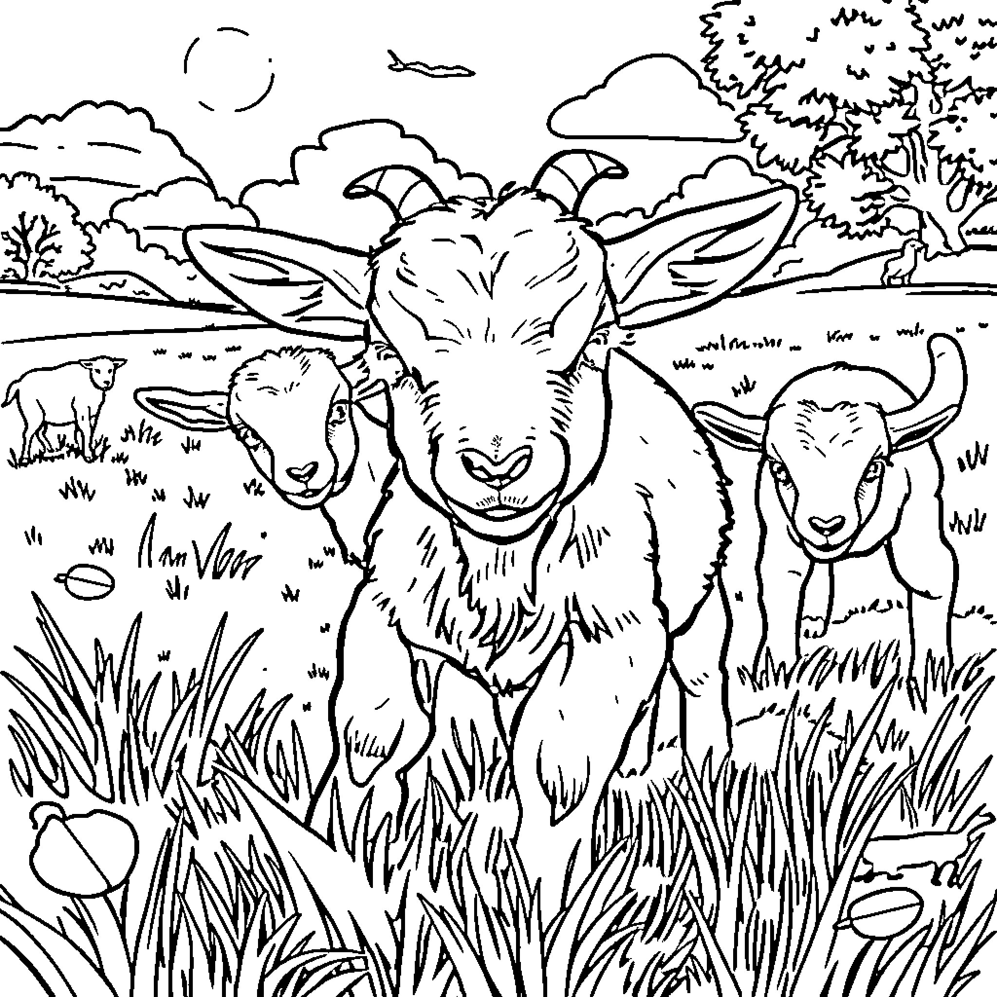 Goats grazing peacefully in the countryside Coloring Page (free black-and-white line drawing printable PDF for all, from beginners to advanced learners, including children, teens, adults, and seniors)