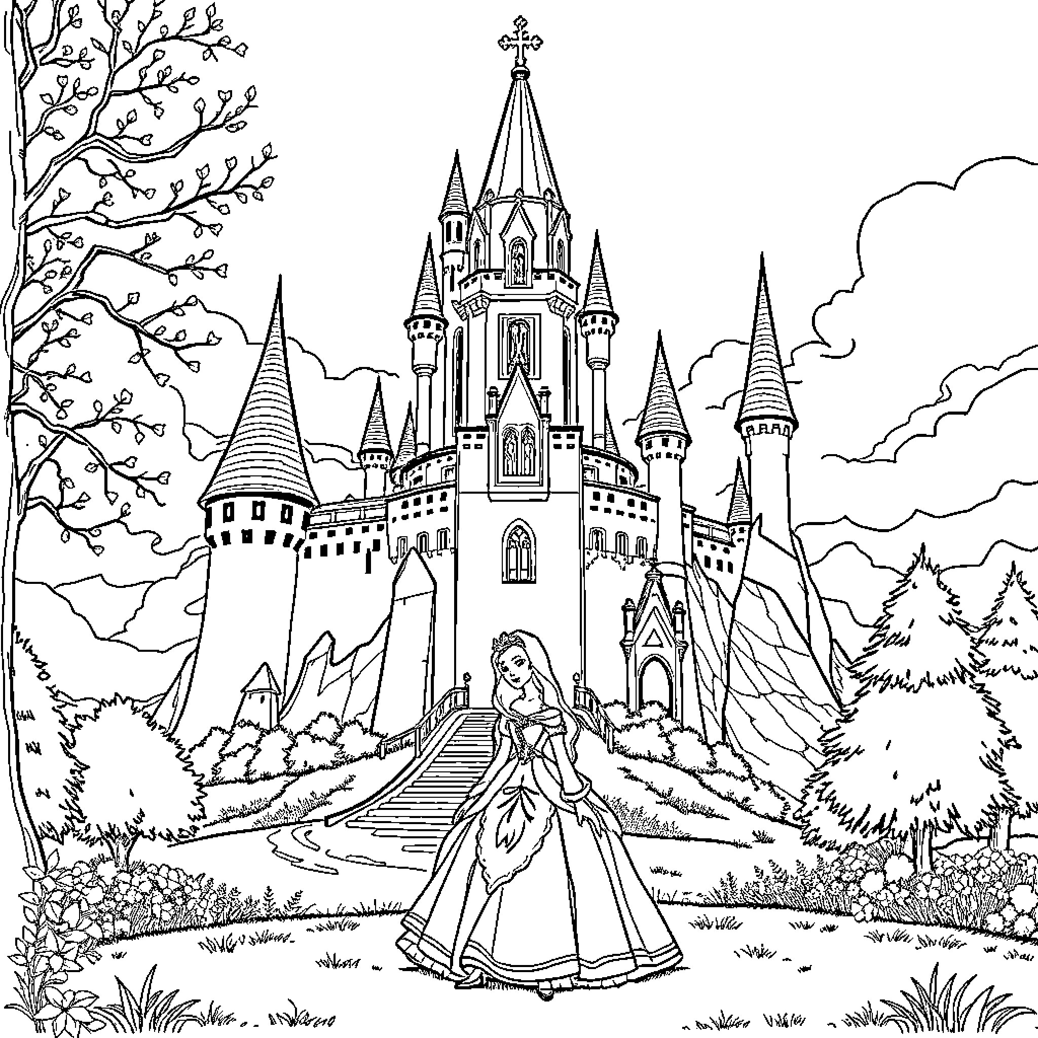 Princess Exploring the Enchanting Castle Grounds Coloring Page (free black-and-white line drawing printable PDF for all, from beginners to advanced learners, including children, teens, adults, and seniors)