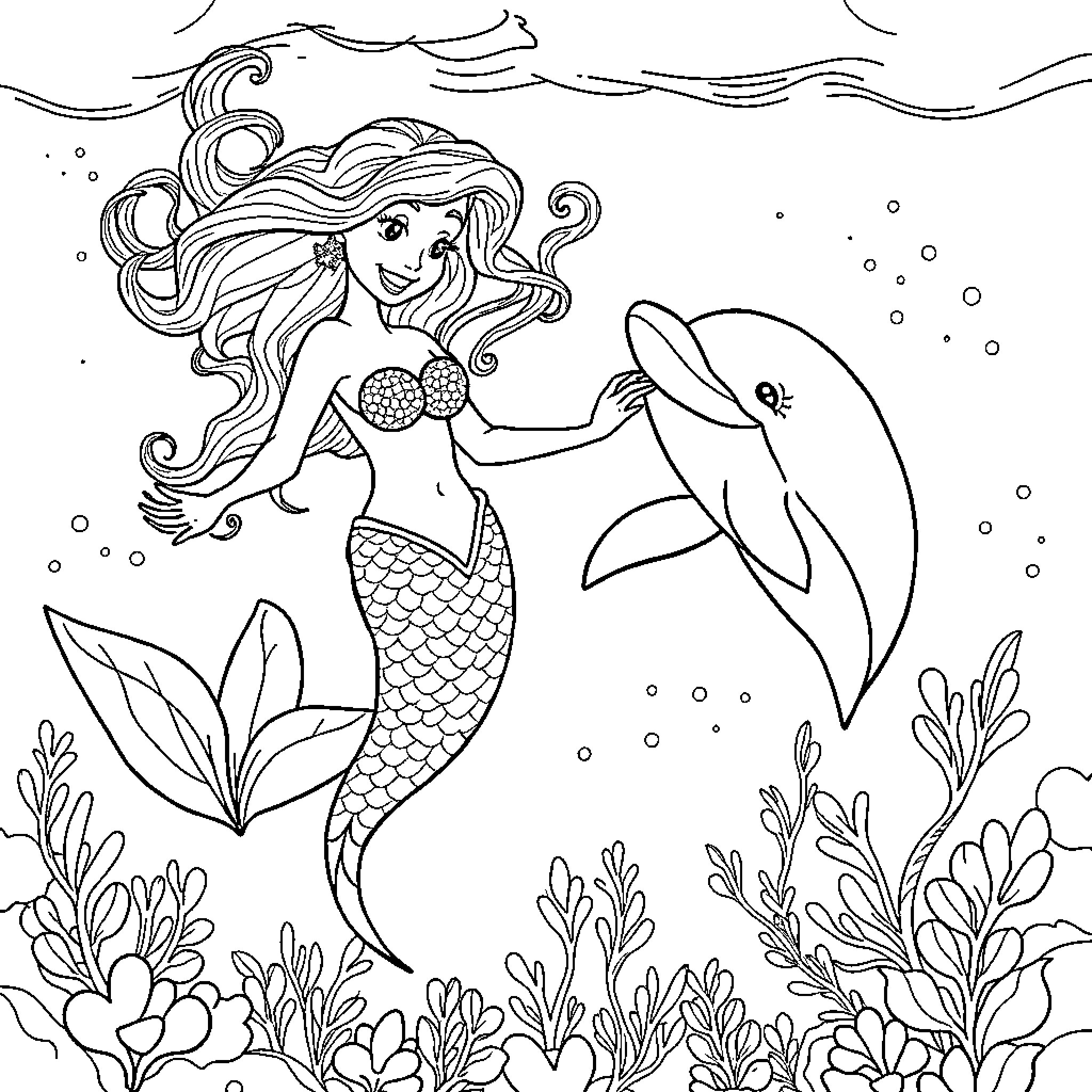 Mermaid interacting with a dolphin in the ocean Coloring Page (free black-and-white line drawing printable PDF for all, from beginners to advanced learners, including children, teens, adults, and seniors)