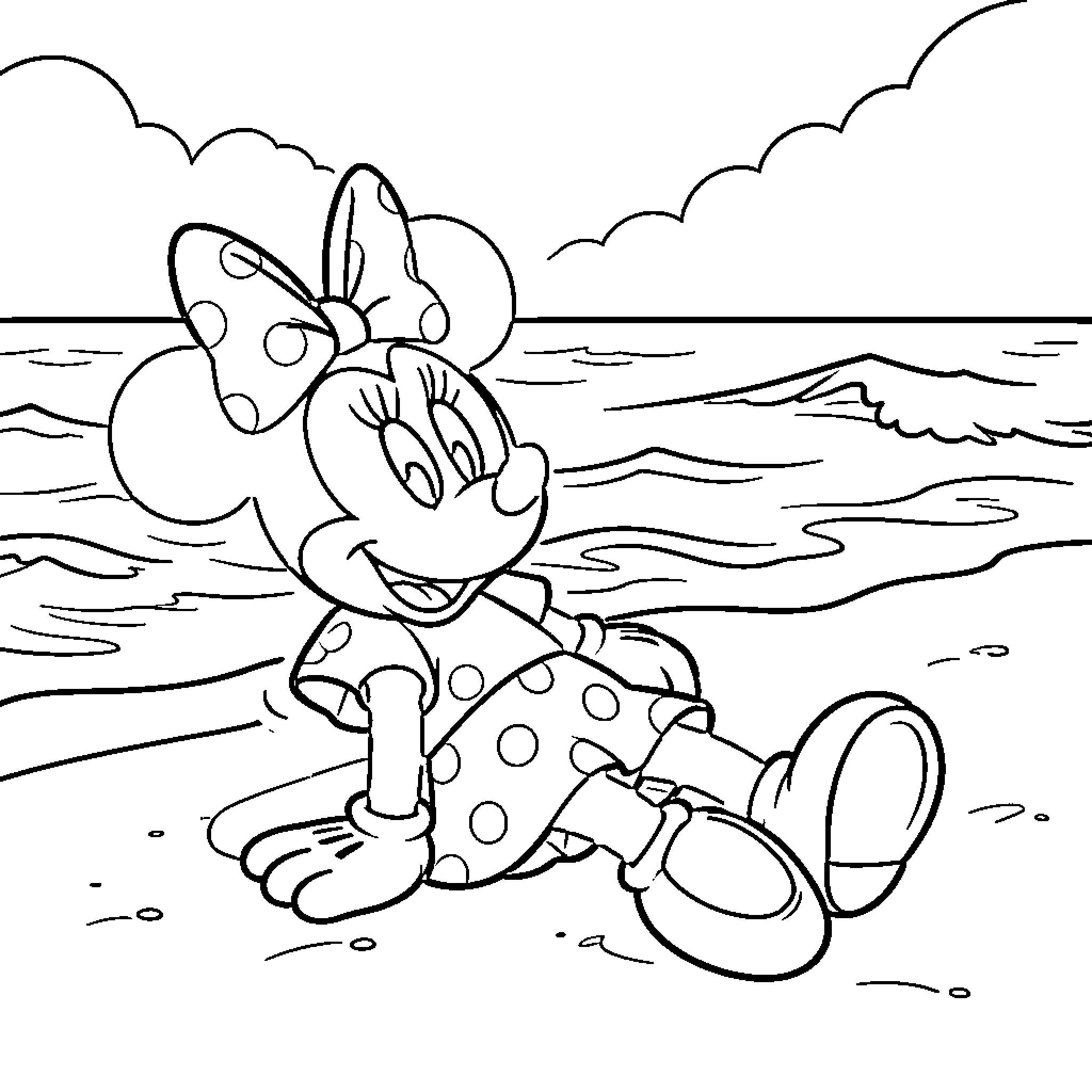 Minnie relaxing happily on a sunny beach Coloring Page (free black-and-white line drawing printable PDF for all, from beginners to advanced learners, including children, teens, adults, and seniors)