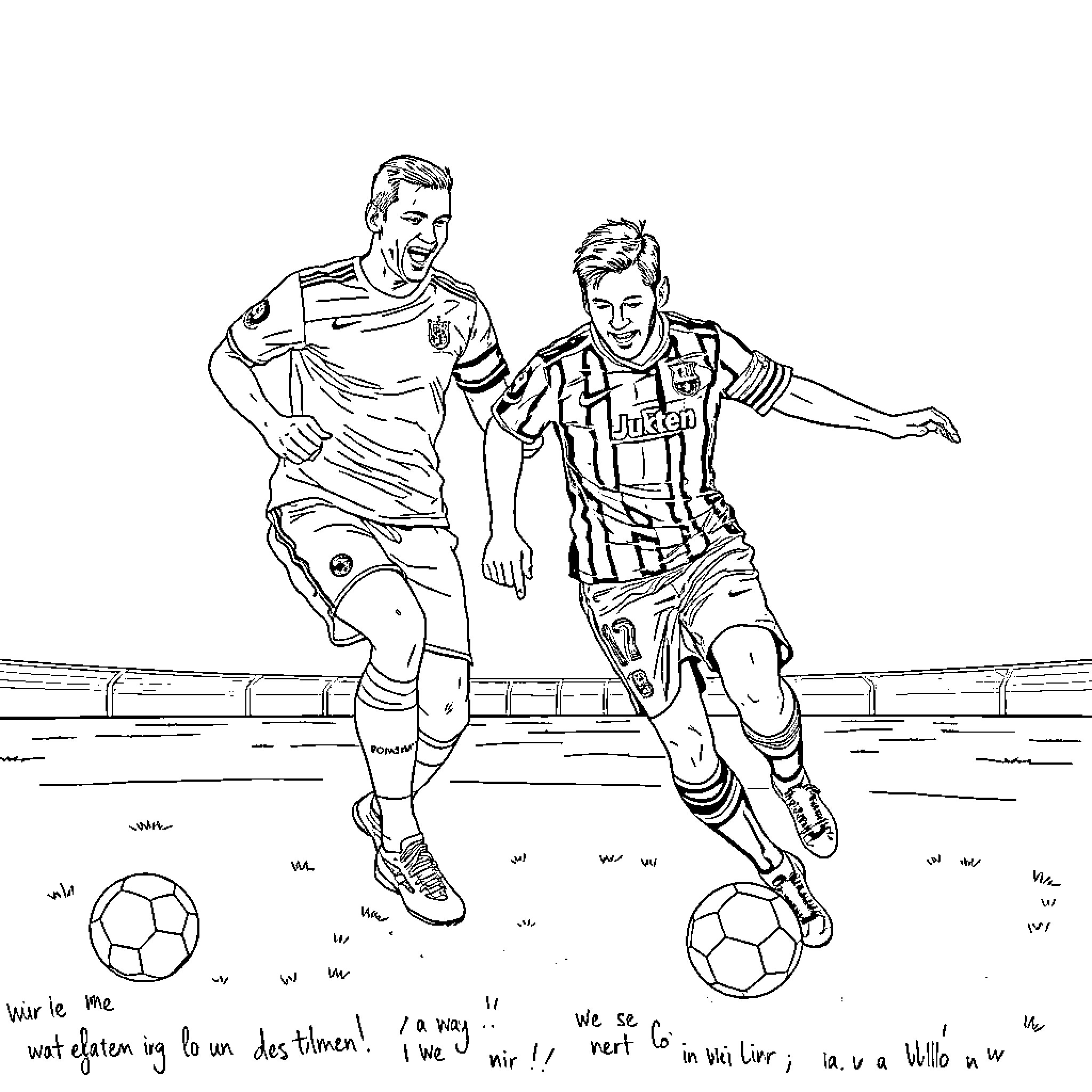 Ronaldo players competing in a soccer match Coloring Page (free black-and-white line drawing printable PDF for all, from beginners to advanced learners, including children, teens, adults, and seniors)