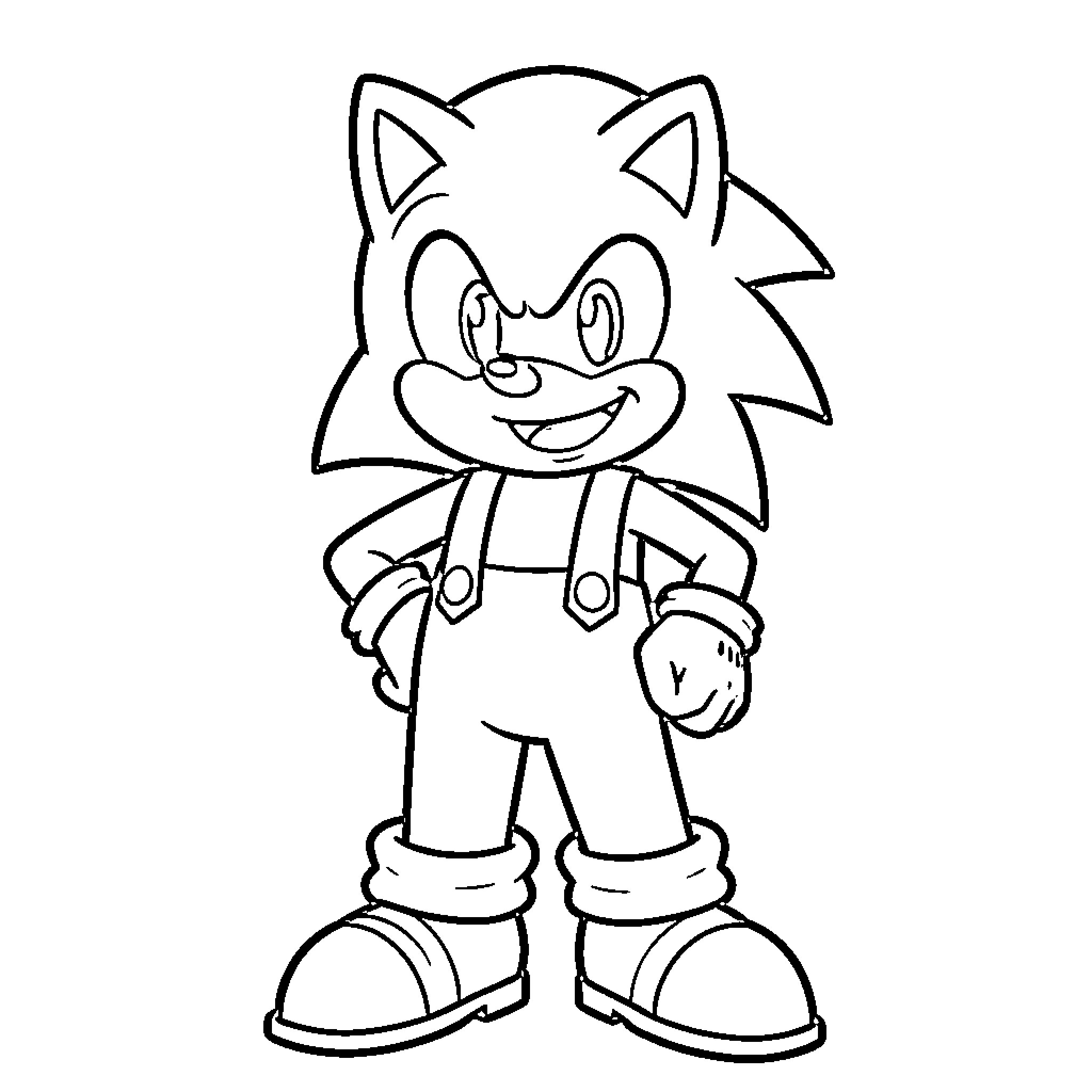 Sonic standing confidently wearing overalls and boots Coloring Page (free black-and-white line drawing printable PDF for all, from beginners to advanced learners, including children, teens, adults, and seniors)