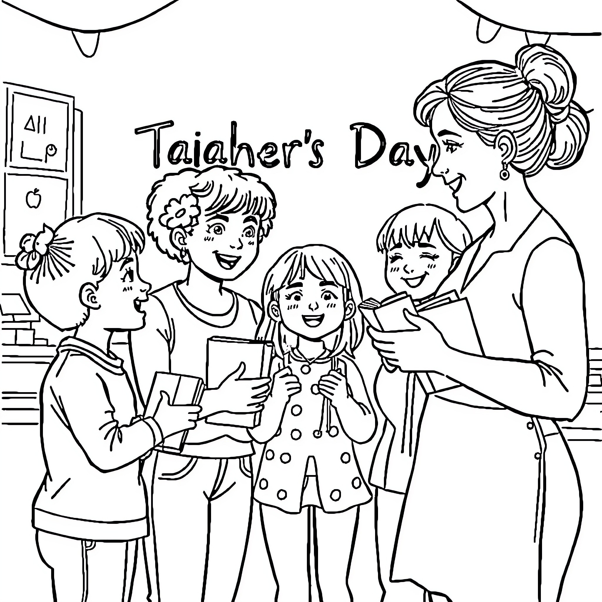 Teacher celebrating with happy students on Teacher's Day Coloring Page (free black-and-white line drawing printable PDF for all, from beginners to advanced learners, including children, teens, adults, and seniors)