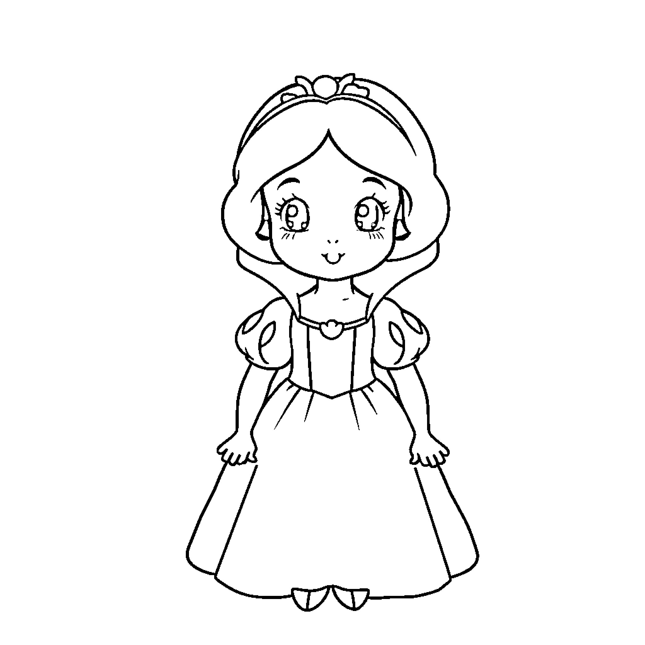 Snow White in a Lovely Princess Dress Coloring Page (free black-and-white line drawing printable PDF for all, from beginners to advanced learners, including children, teens, adults, and seniors)