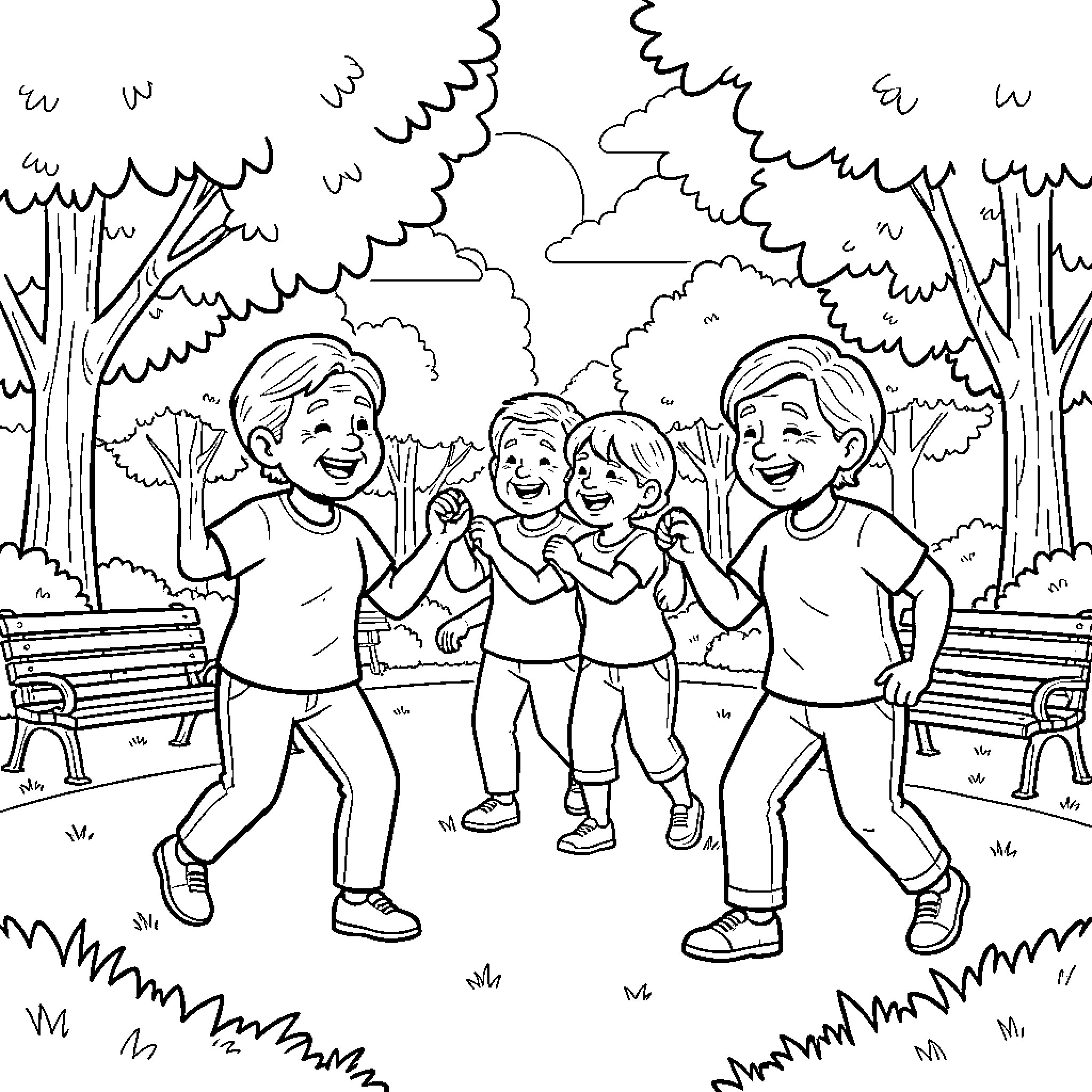 Abuelitos enjoying time with grandchildren in the park Coloring Page (free black-and-white line drawing printable PDF for all, from beginners to advanced learners, including children, teens, adults, and seniors)