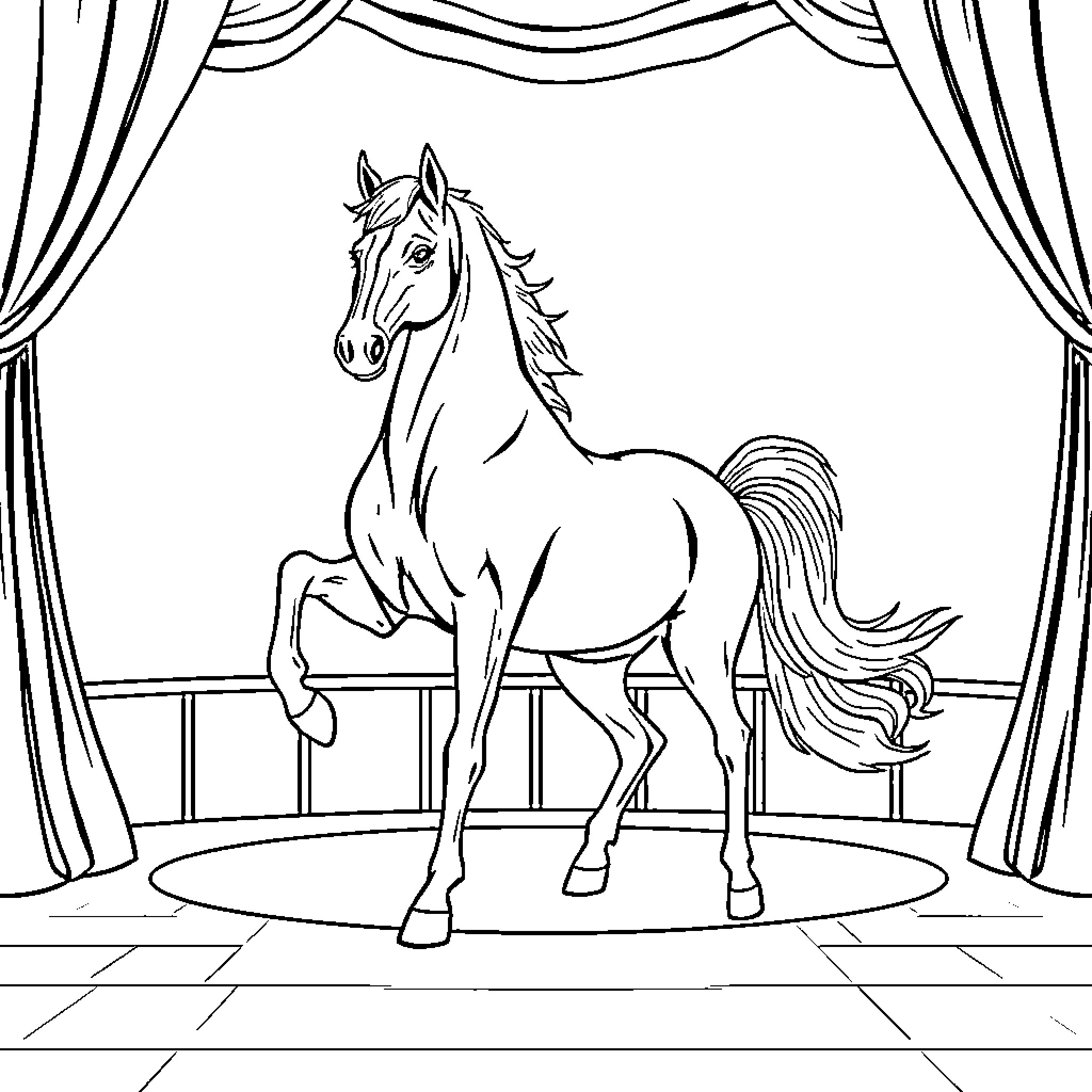 Horse performing on a stage Coloring Page (free black-and-white line drawing printable PDF for all, from beginners to advanced learners, including children, teens, adults, and seniors)