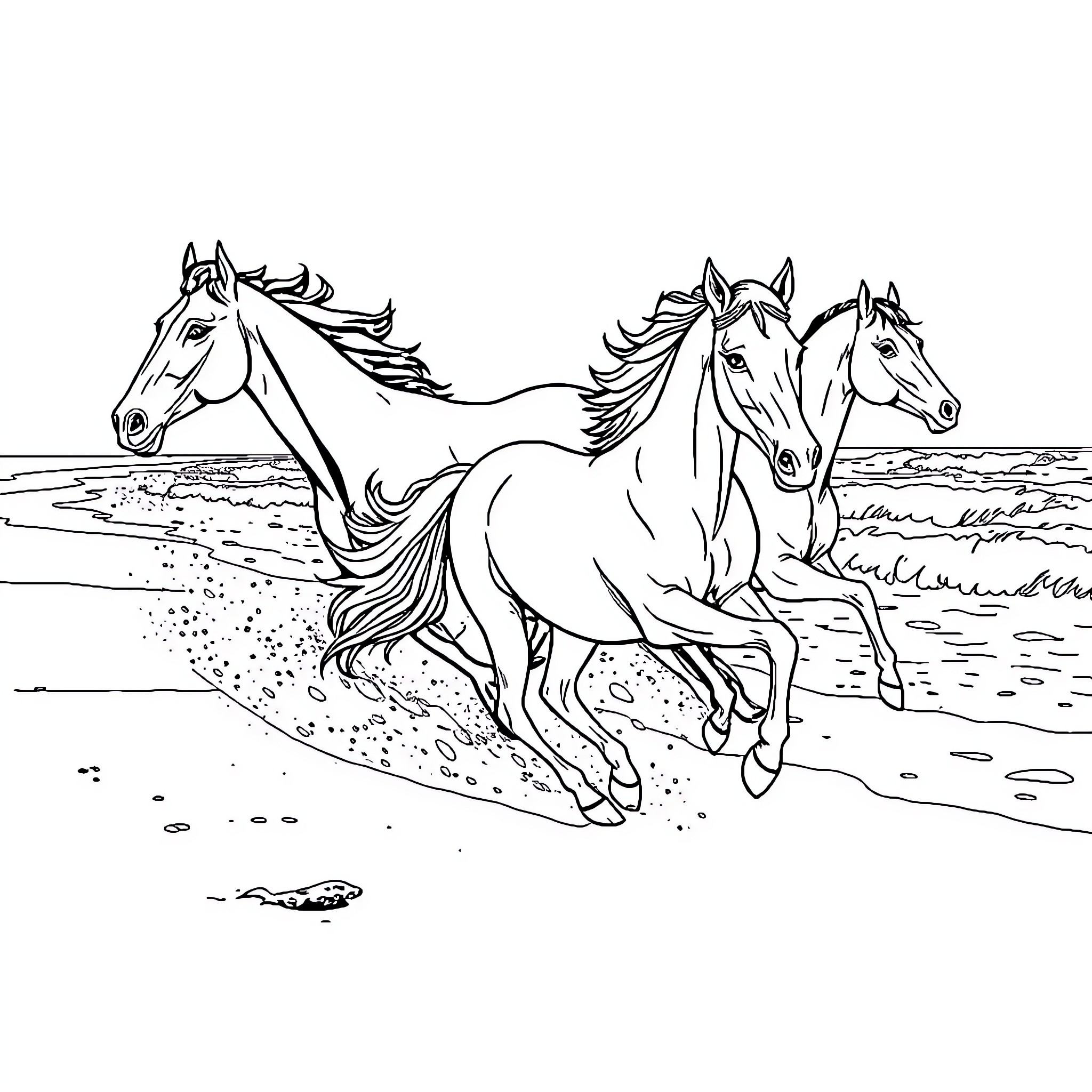 Horse Running Freely on the Beach Coloring Page (free black-and-white line drawing printable PDF for all, from beginners to advanced learners, including children, teens, adults, and seniors)