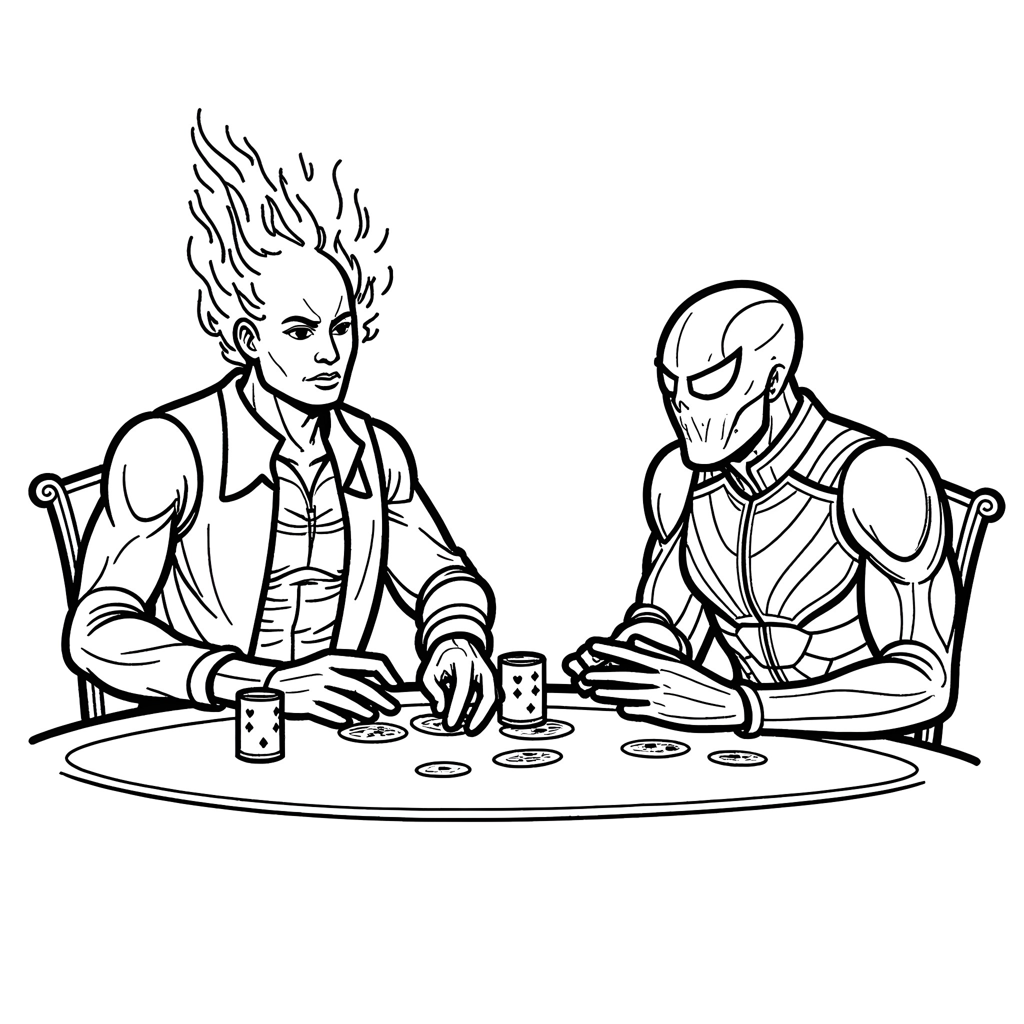 Ghost Rider characters playing cards at a table Coloring Page (free black-and-white line drawing printable PDF for all, from beginners to advanced learners, including children, teens, adults, and seniors)