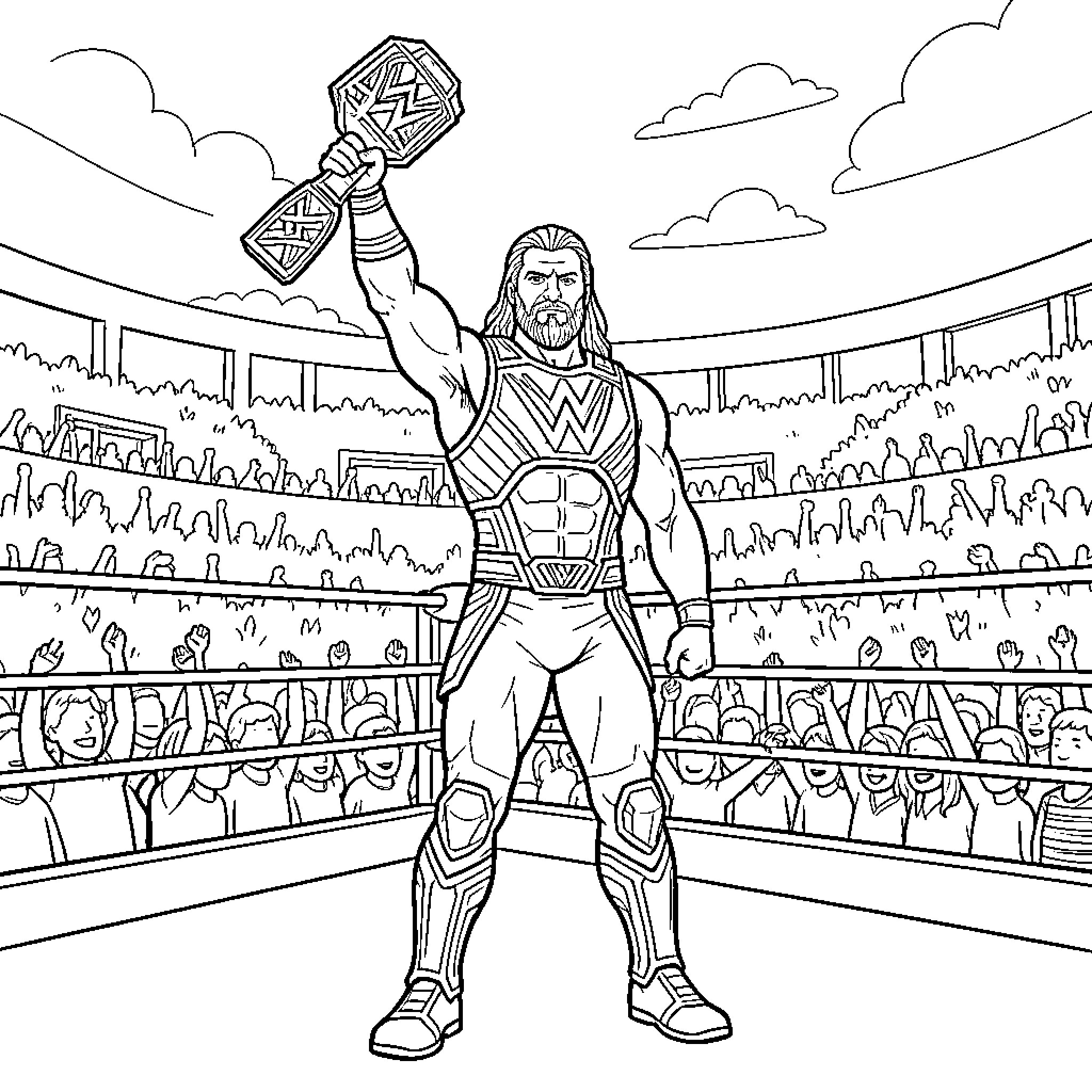 Roman Reigns Triumphant in the Arena Coloring Page (free black-and-white line drawing printable PDF for all, from beginners to advanced learners, including children, teens, adults, and seniors)