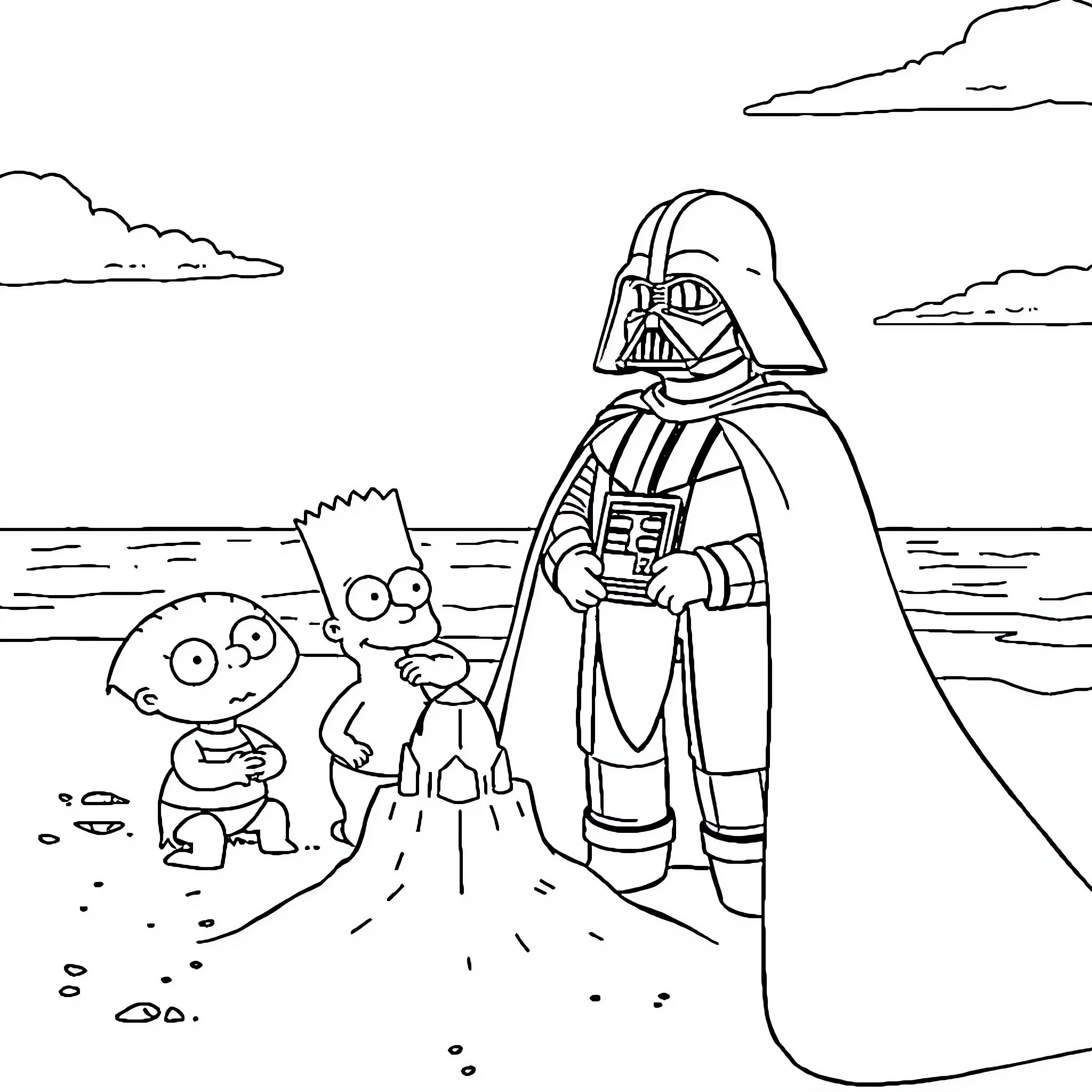 Stewie Griffin's encounter with Darth Vader on an alien landscape Coloring Page (free black-and-white line drawing printable PDF for all, from beginners to advanced learners, including children, teens, adults, and seniors)