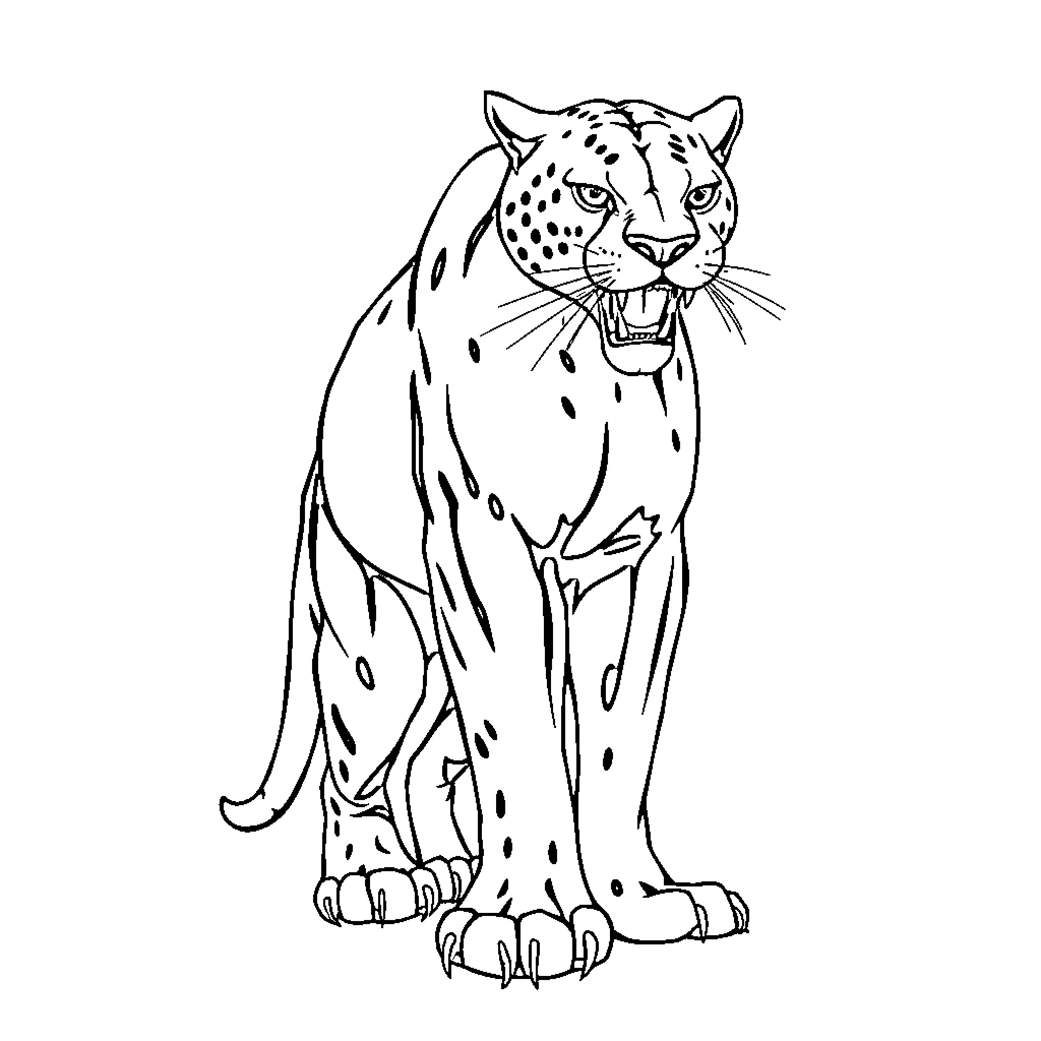 Panther roaring in the wild Coloring Page (free black-and-white line drawing printable PDF for all, from beginners to advanced learners, including children, teens, adults, and seniors)