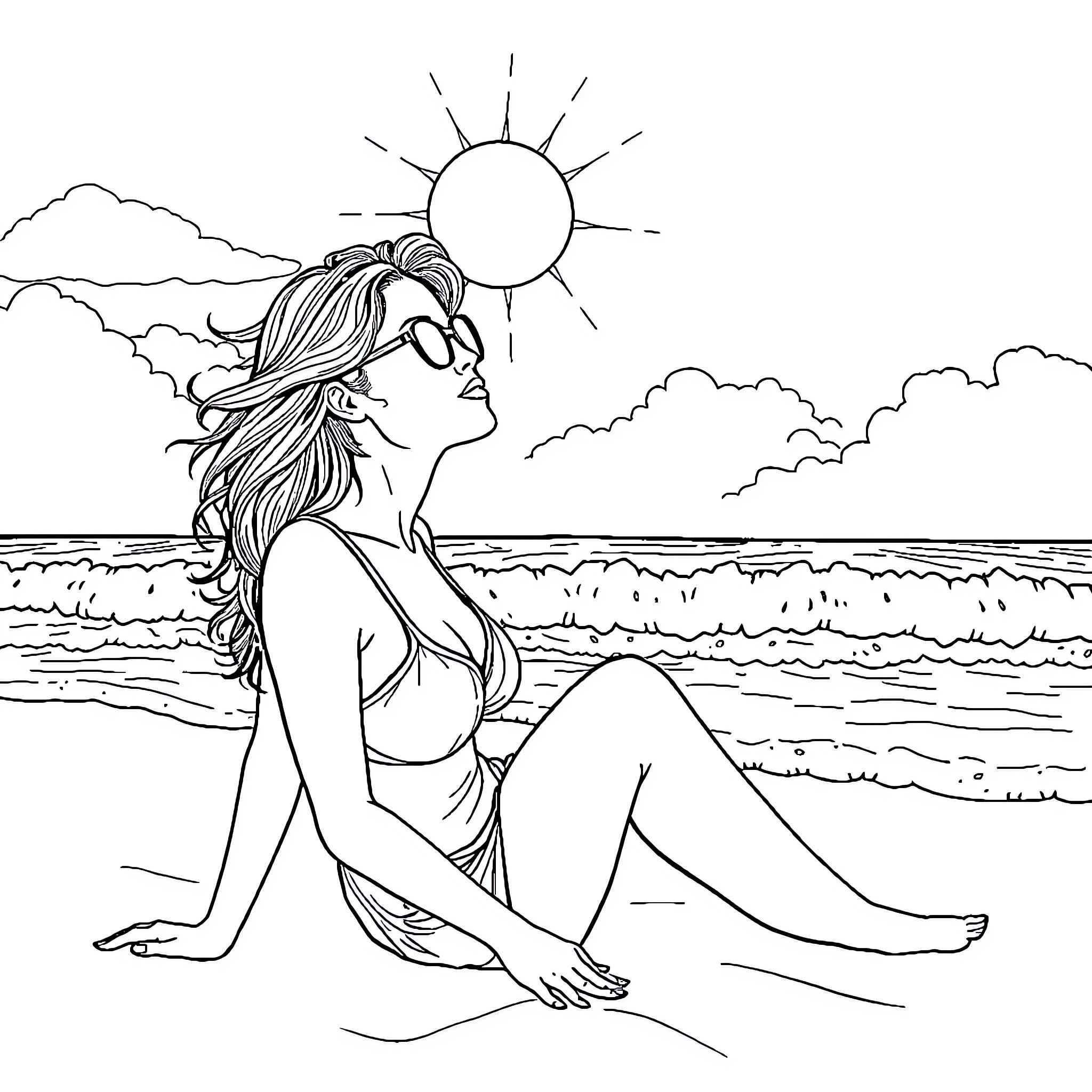 Woman relaxing on the beach under the sun Coloring Page (free black-and-white line drawing printable PDF for all, from beginners to advanced learners, including children, teens, adults, and seniors)