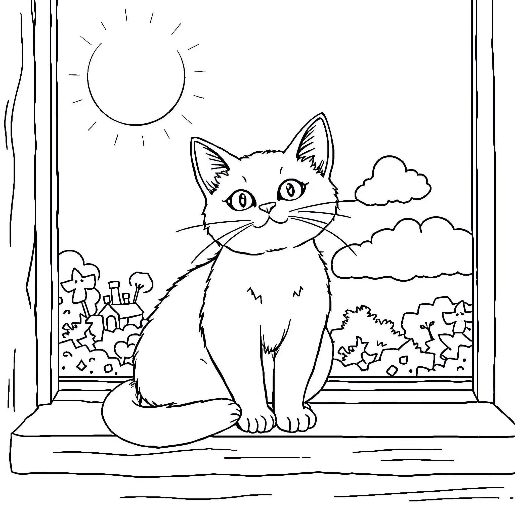 Cat sitting on a windowsill Coloring Page (free black-and-white line drawing printable PDF for all, from beginners to advanced learners, including children, teens, adults, and seniors)
