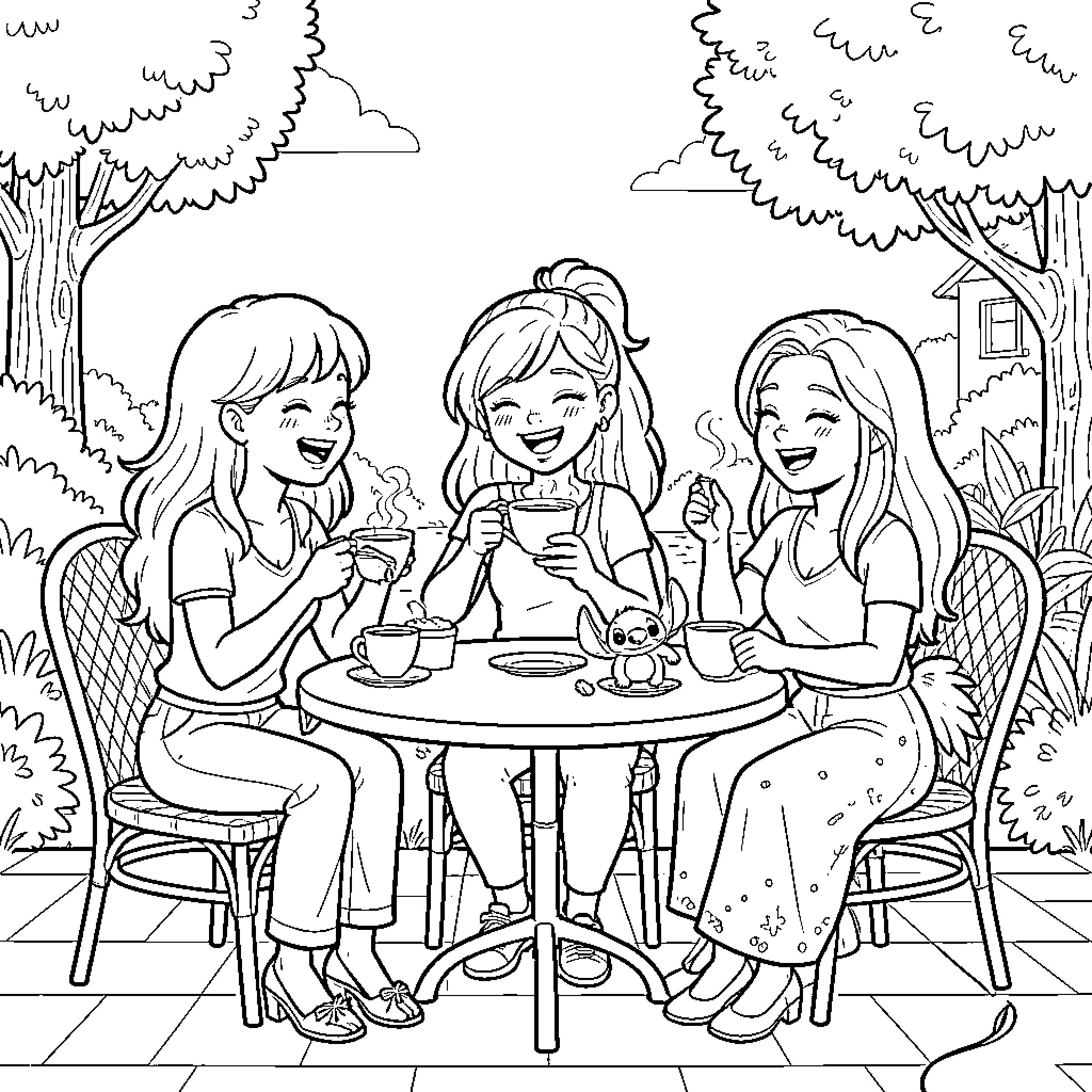Chanteuse and friends laughing while enjoying tea outdoors Coloring Page (free black-and-white line drawing printable PDF for all, from beginners to advanced learners, including children, teens, adults, and seniors)