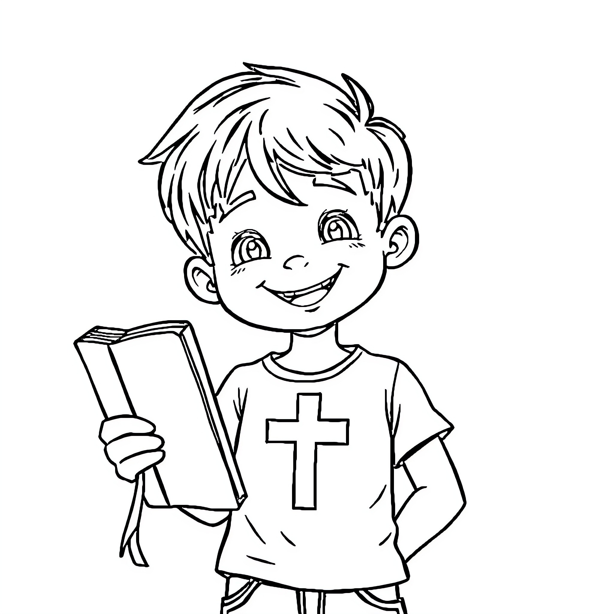 Christian Kid Happily Reading Religious Book Coloring Page (free black-and-white line drawing printable PDF for all, from beginners to advanced learners, including children, teens, adults, and seniors)