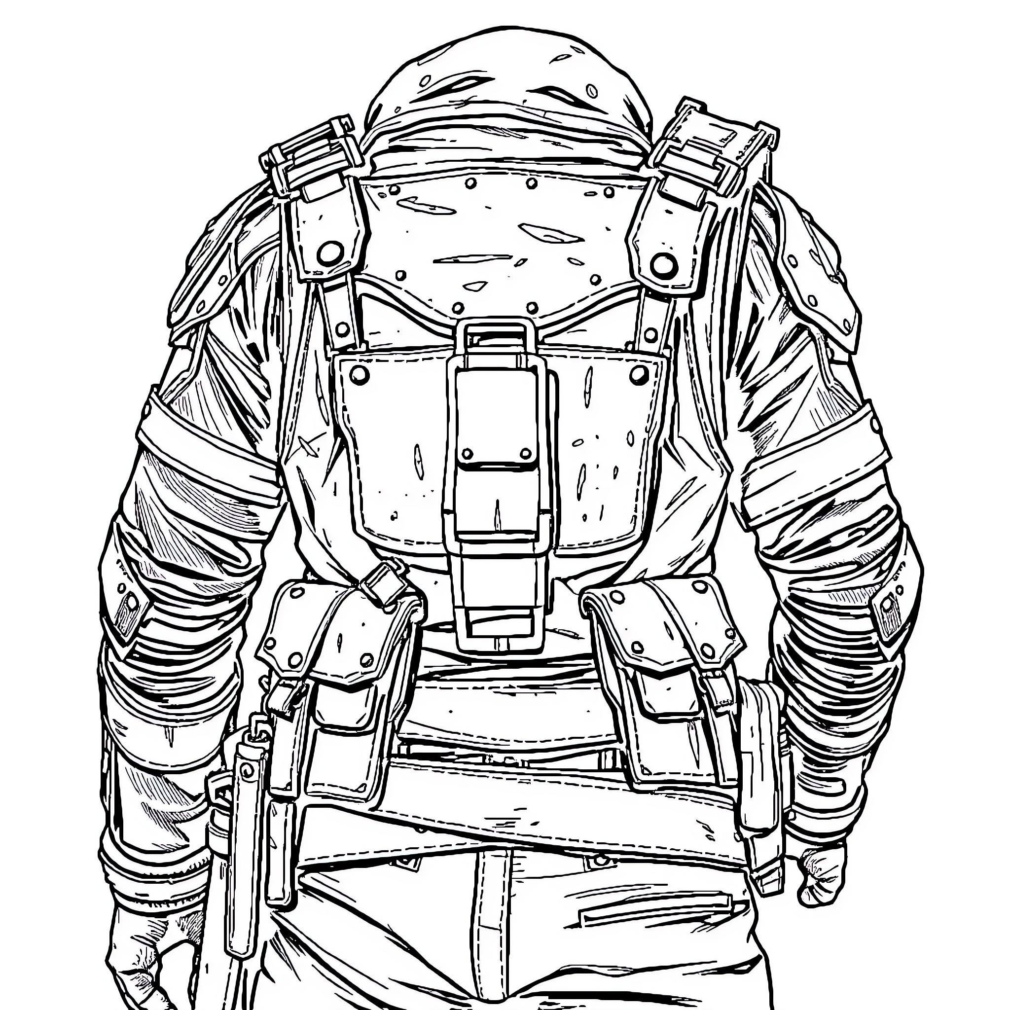 Ranger exploring rugged outdoor gear Coloring Page (free black-and-white line drawing printable PDF for all, from beginners to advanced learners, including children, teens, adults, and seniors)