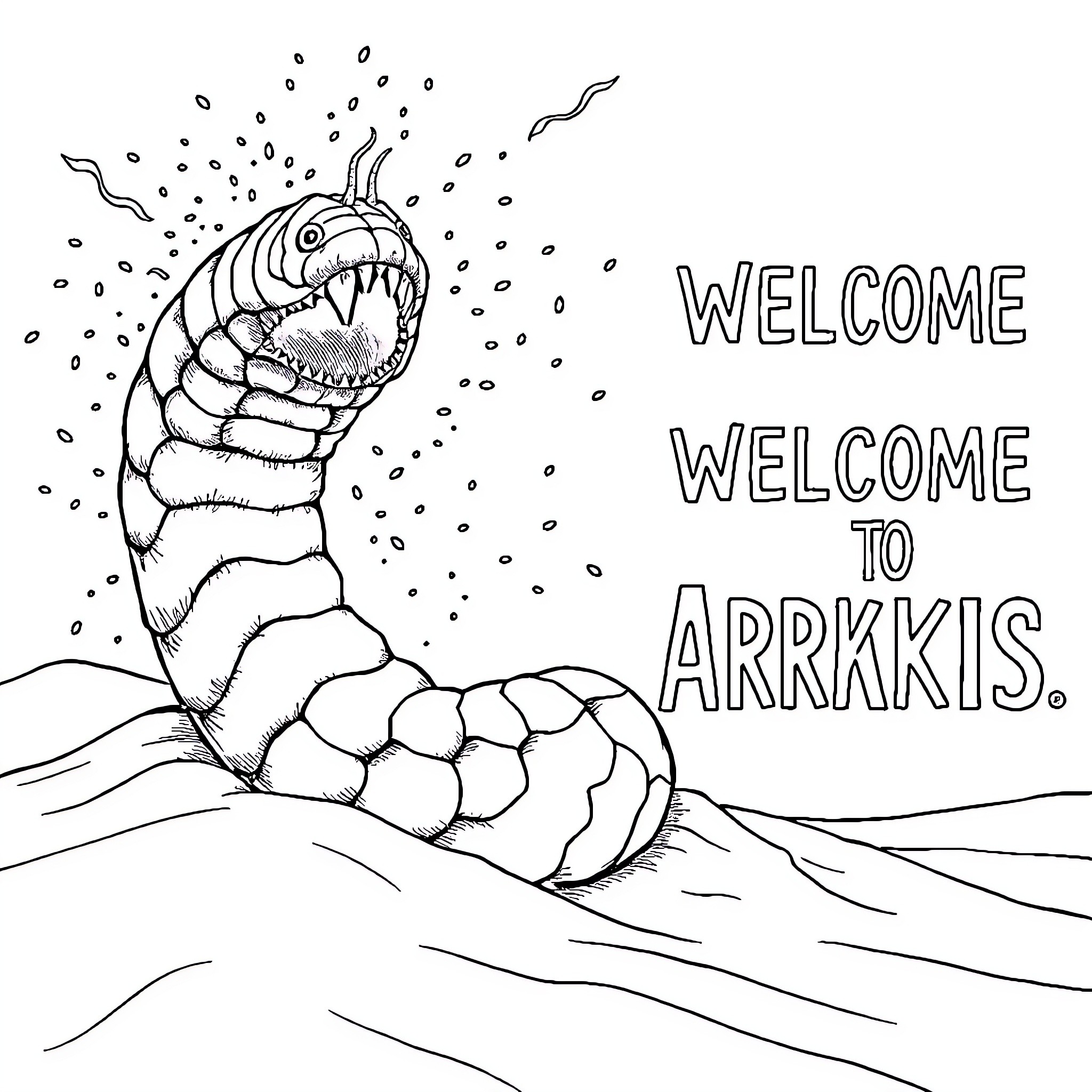 Sandworm emerging from the desert Coloring Page (free black-and-white line drawing printable PDF for all, from beginners to advanced learners, including children, teens, adults, and seniors)