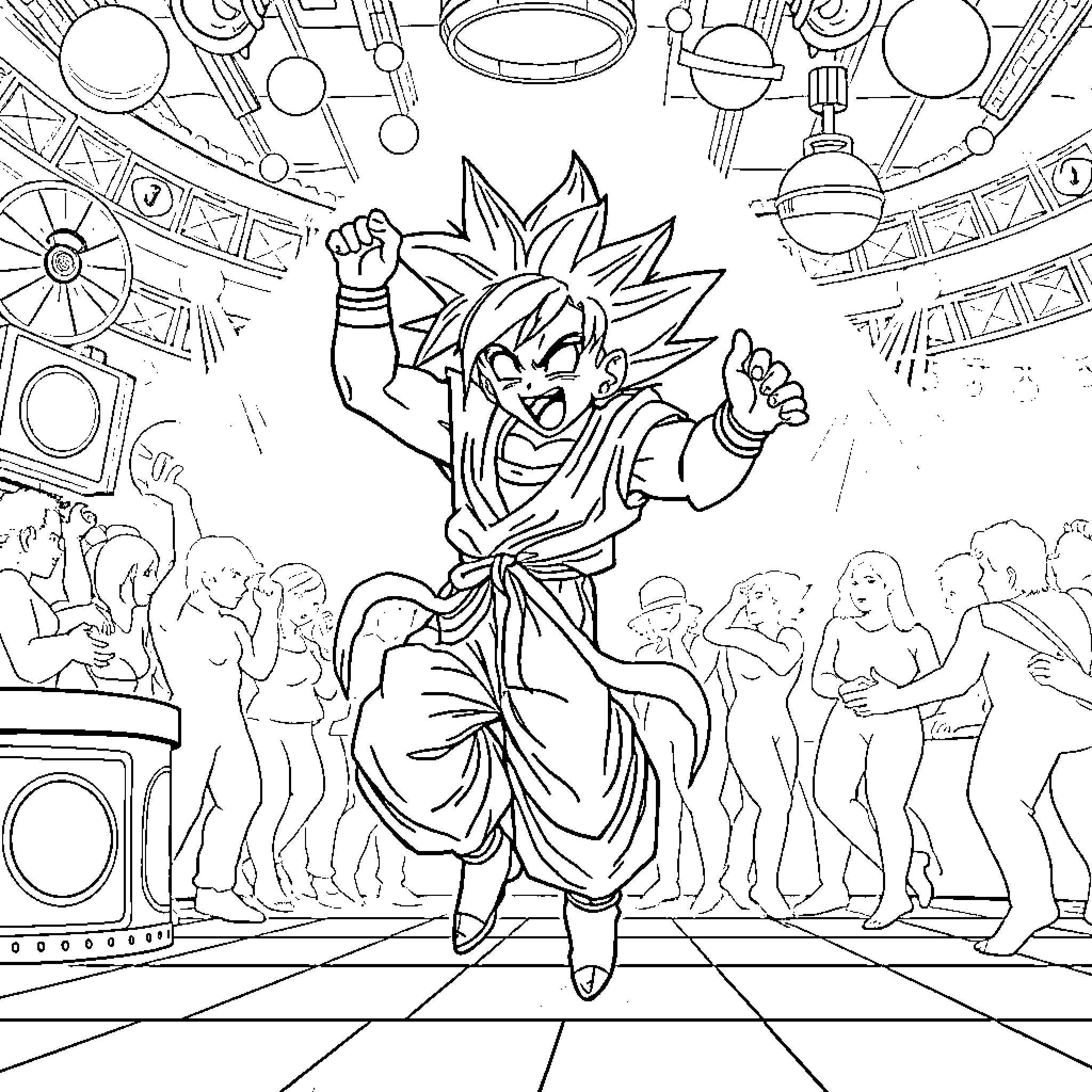 Goku Triumphantly Celebrating Victory in an Energetic Scene Coloring Page (free black-and-white line drawing printable PDF for all, from beginners to advanced learners, including children, teens, adults, and seniors)